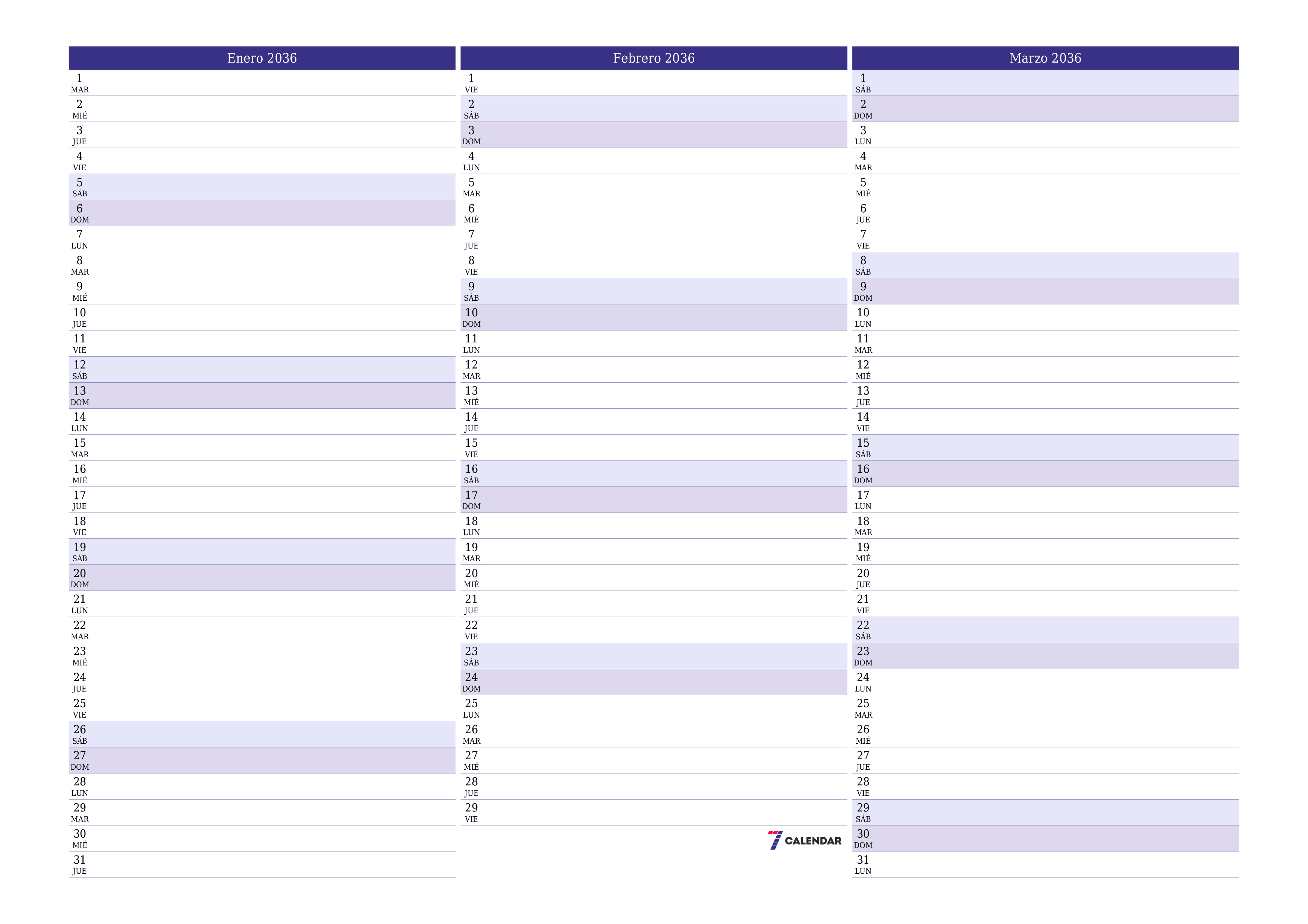 Planificador mensual vacío para el mes Enero 2036 con notas, guardar e imprimir en PDF PNG Spanish