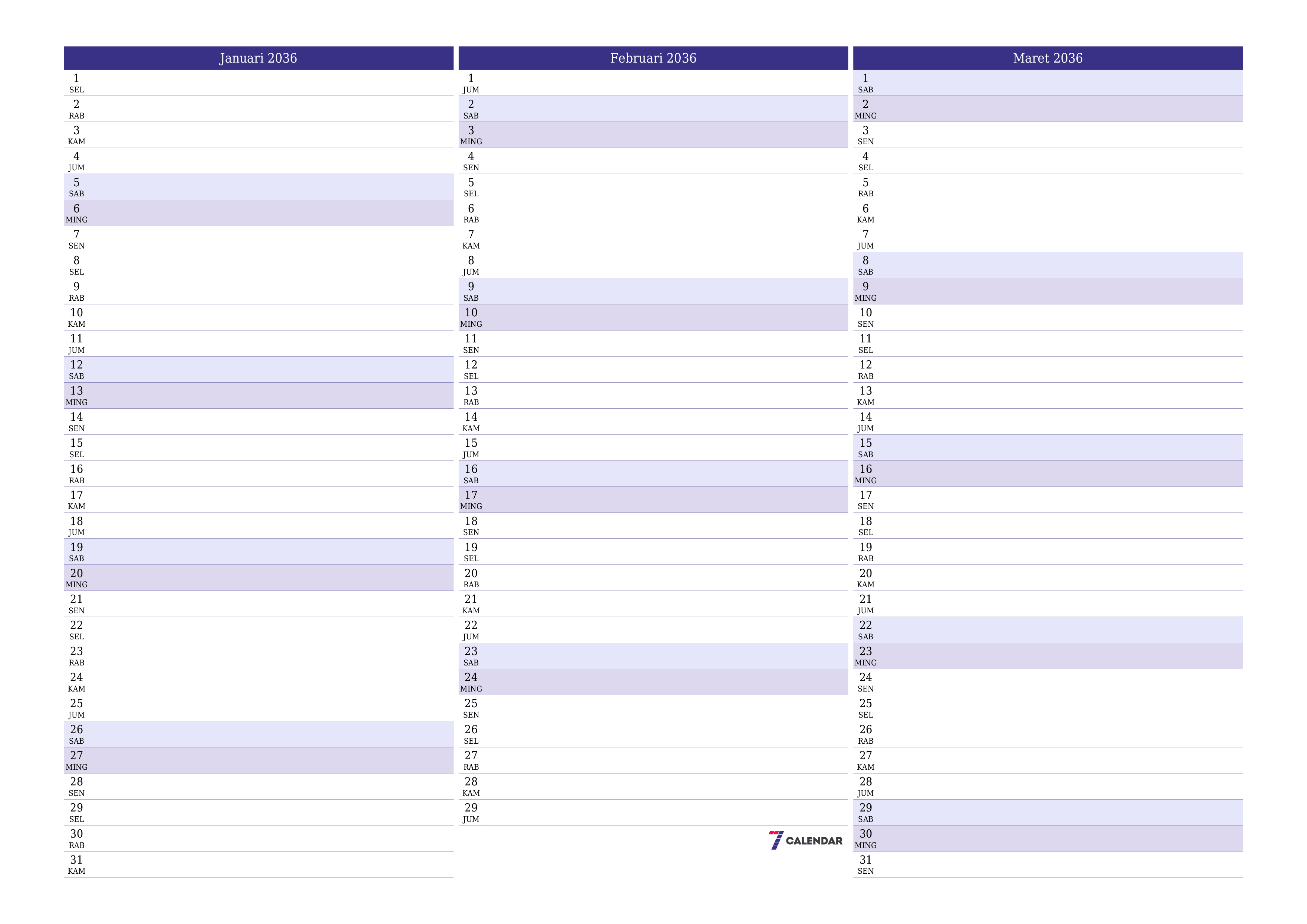 Kosongkan agenda bulanan untuk bulan Januari 2036 dengan catatan, simpan dan cetak ke PDF PNG Indonesian