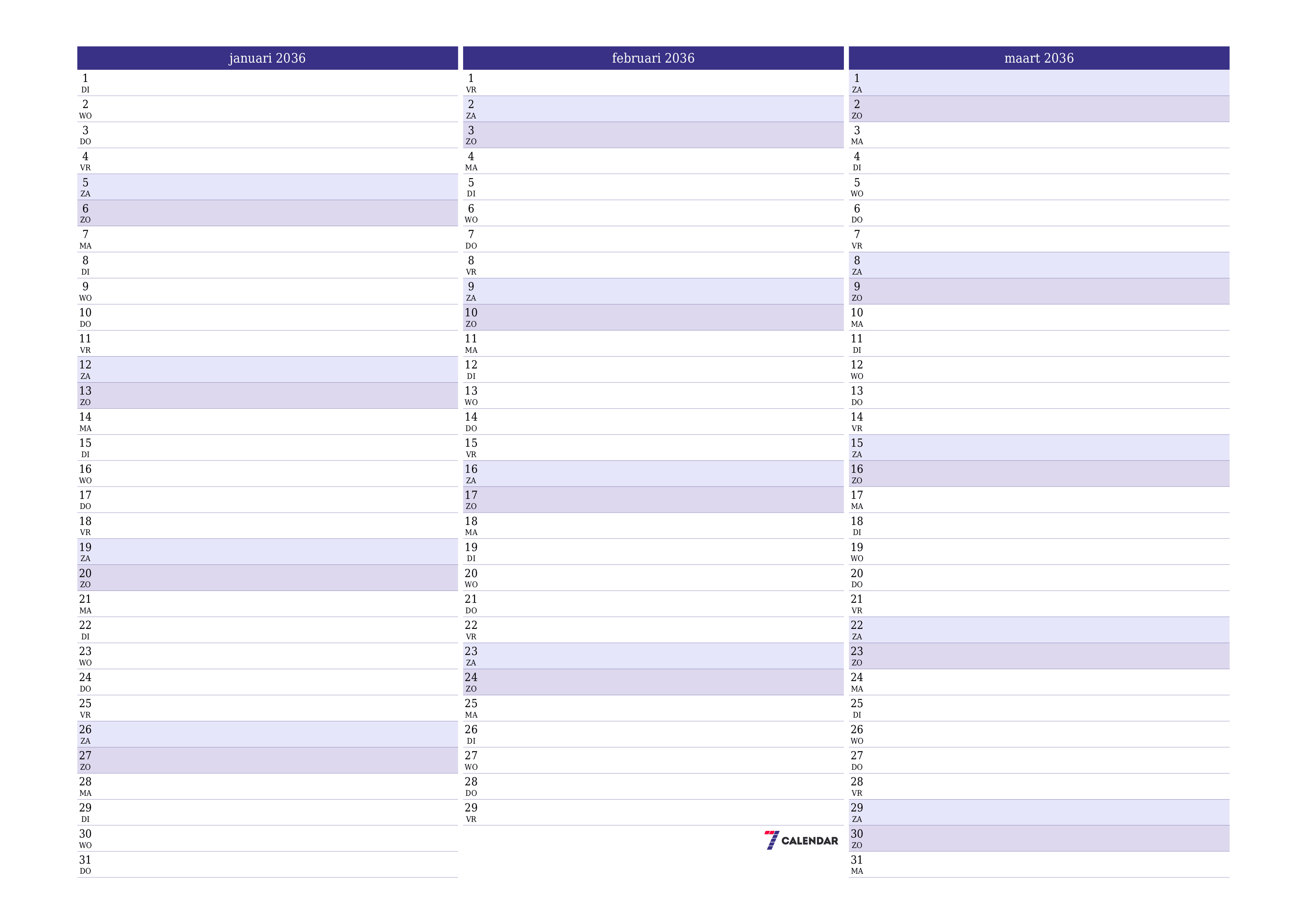 Lege maandplanner voor maand januari 2036 met notities, opslaan en afdrukken naar pdf PNG Dutch