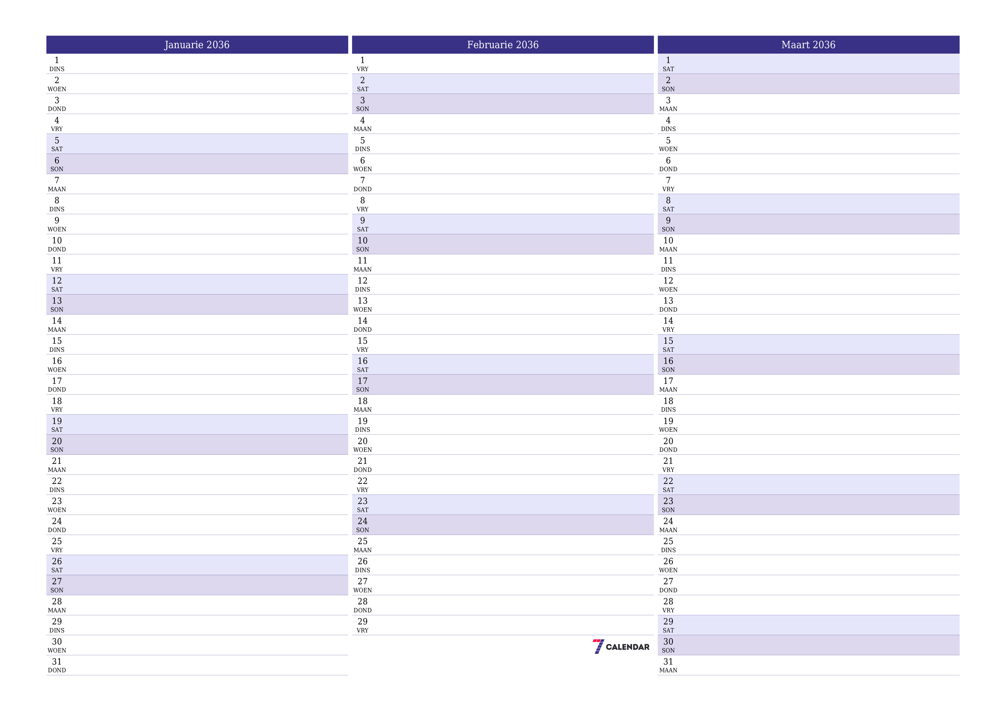 Leë maandelikse drukbare kalender en beplanner vir maand Januarie 2036 met notas stoor en druk na PDF PNG Afrikaans