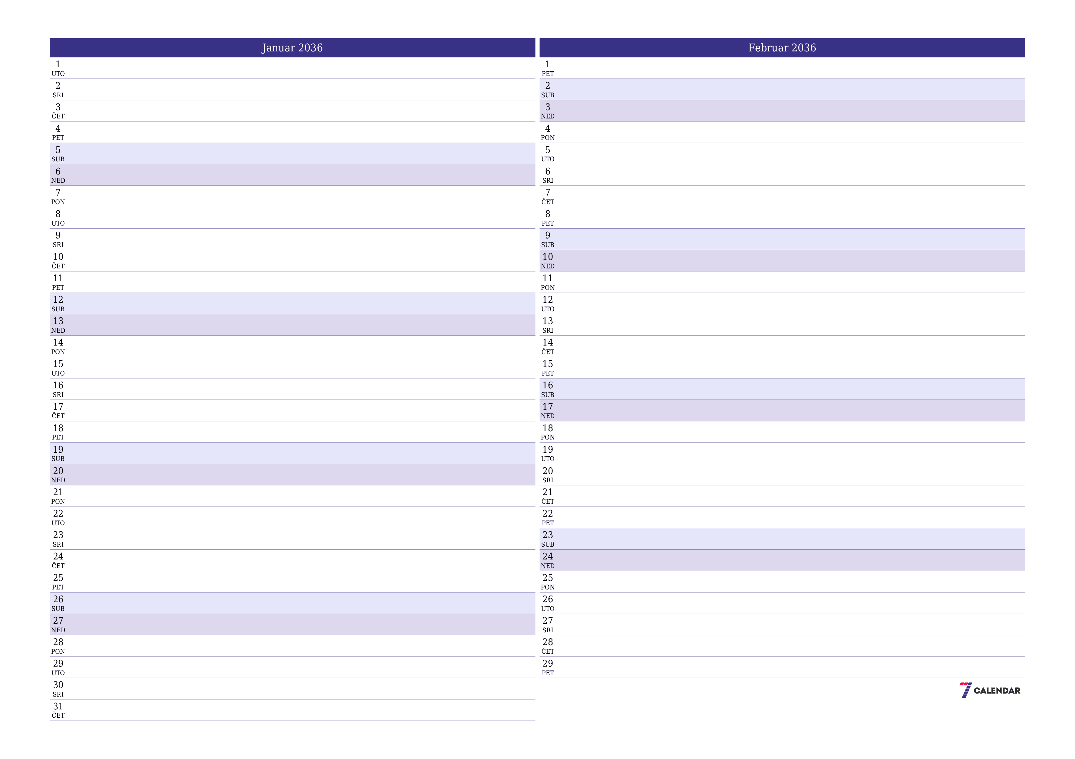 Ispraznite mjesečni planer za mjesec Januar 2036 s bilješkama, spremite i ispišite u PDF PNG Bosnian