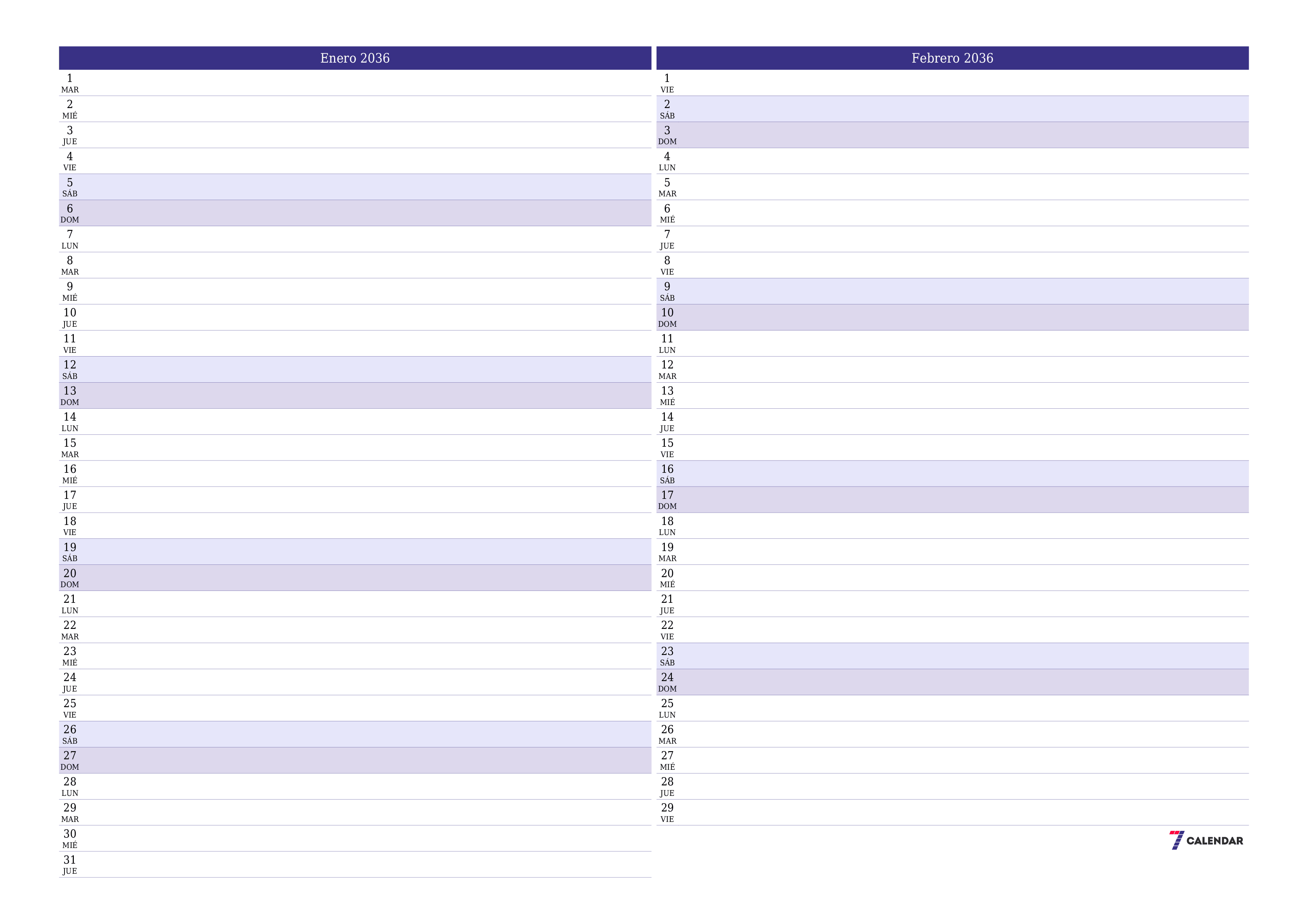 Planificador mensual vacío para el mes Enero 2036 con notas, guardar e imprimir en PDF PNG Spanish