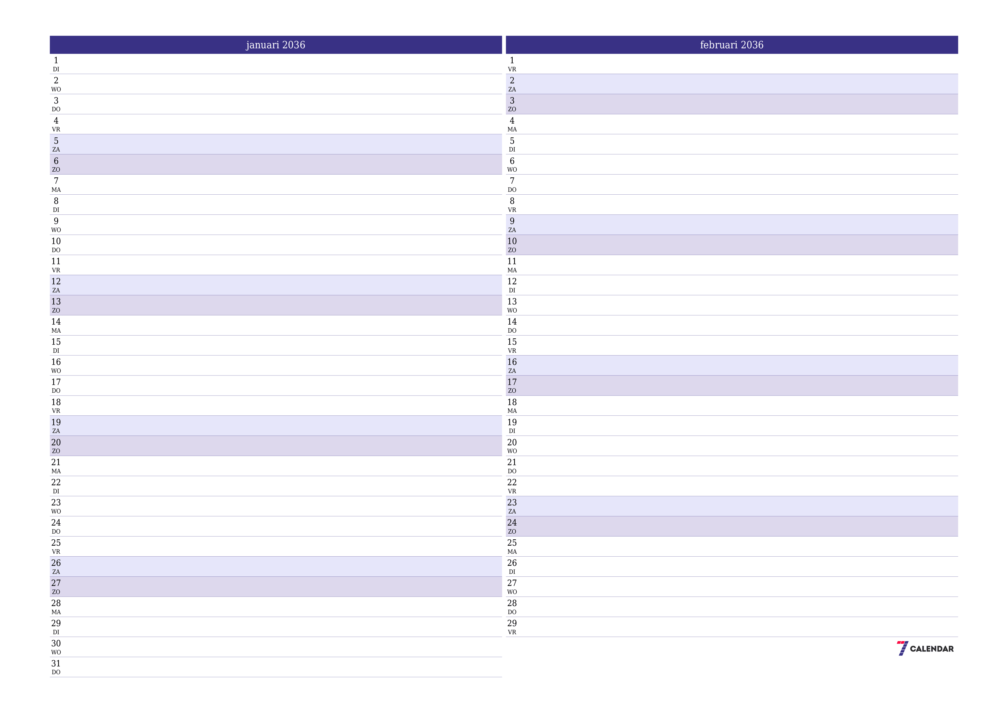 Lege maandplanner voor maand januari 2036 met notities, opslaan en afdrukken naar pdf PNG Dutch