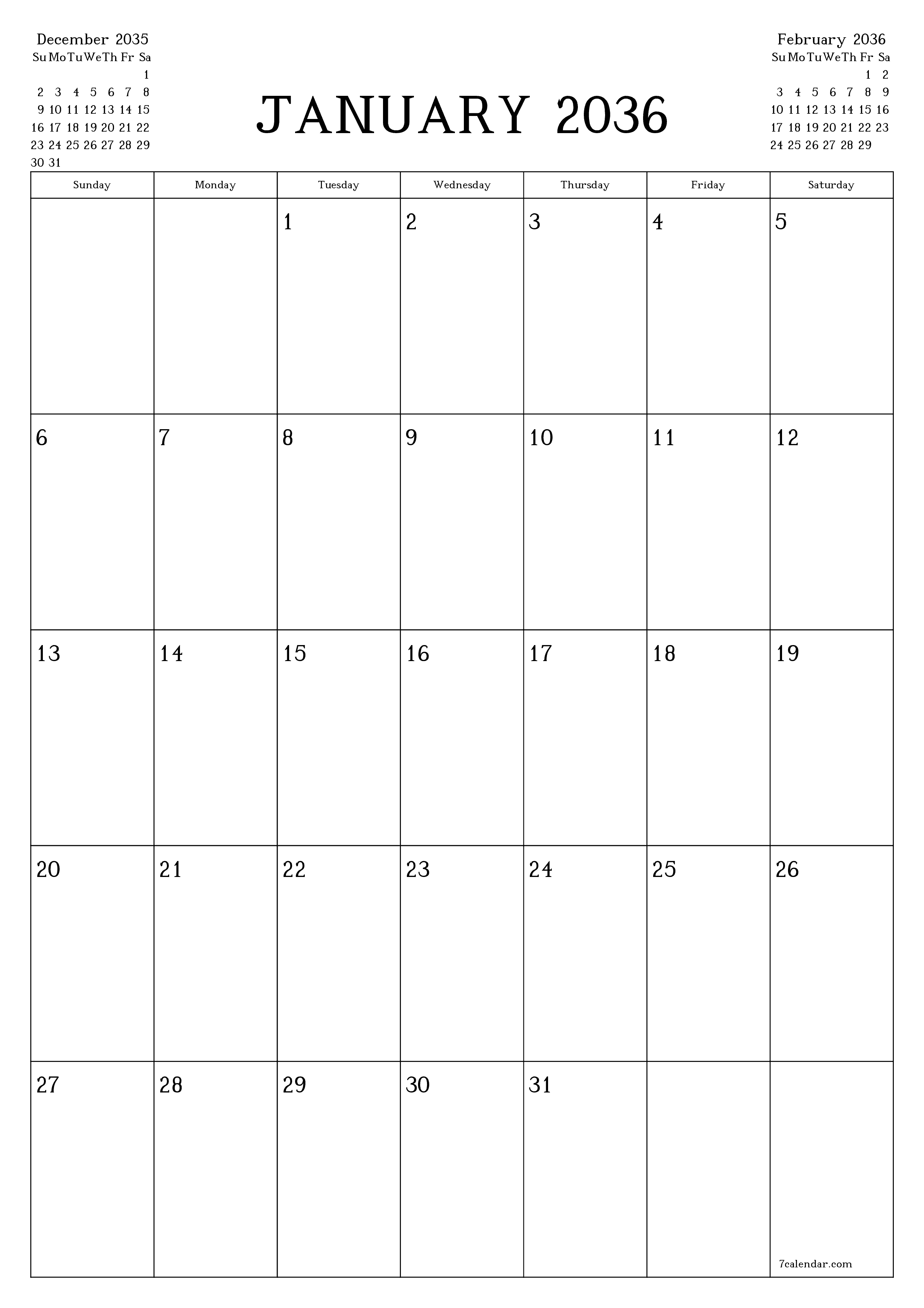 printable wall template free vertical Monthly planner calendar January (Jan) 2036