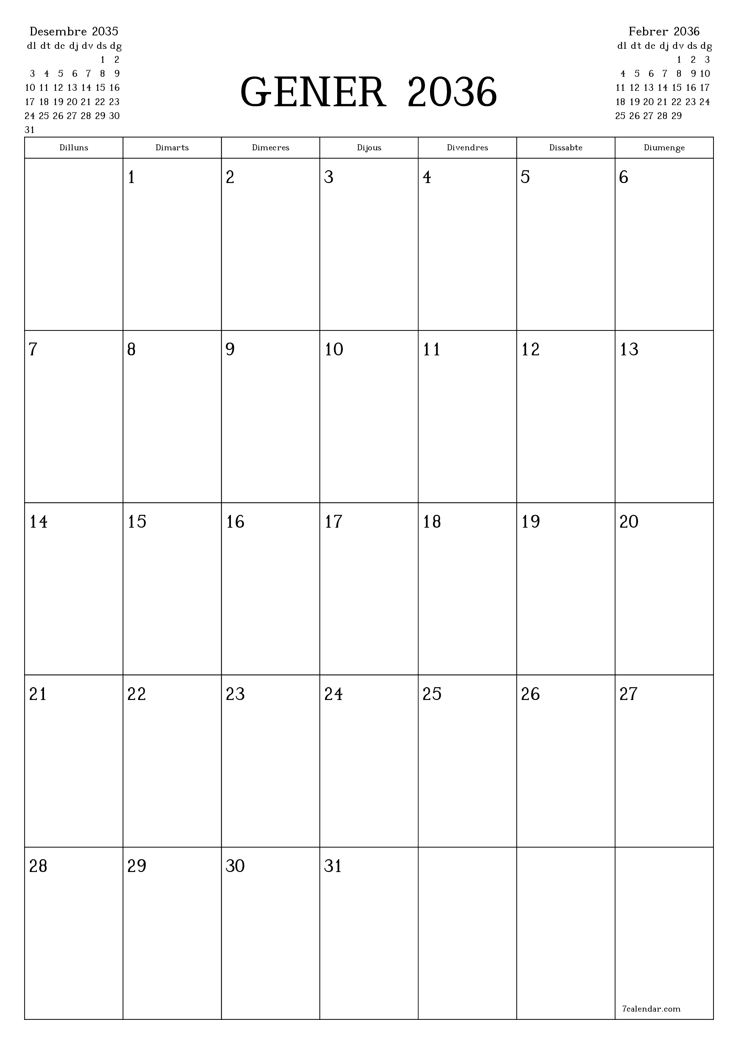  imprimible de paret plantilla de gratuïtvertical Mensual planificador calendari Gener (Gen) 2036