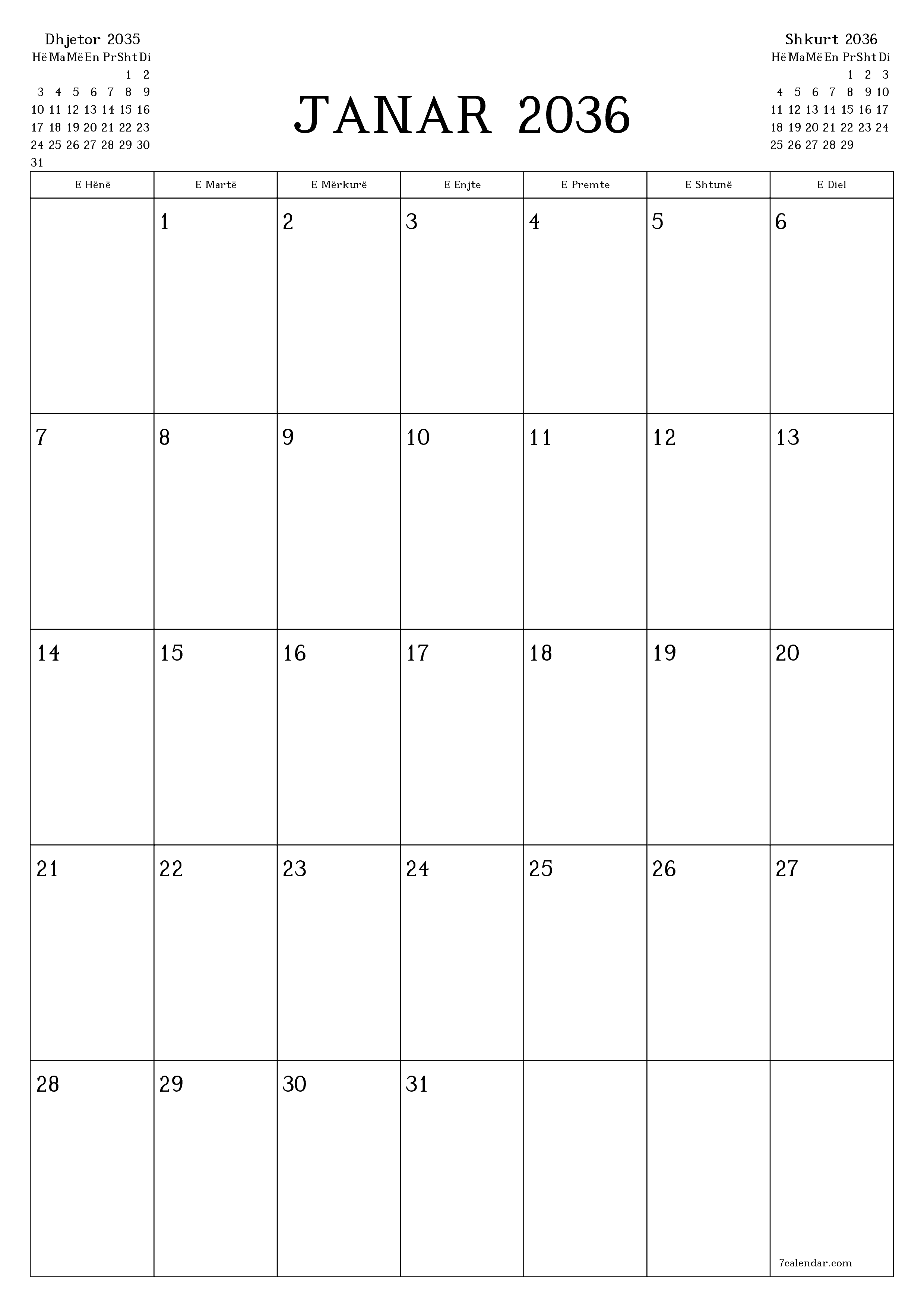  i printueshëm muri shabllon falasvertikale mujore planifikues kalendar Janar (Jan) 2036