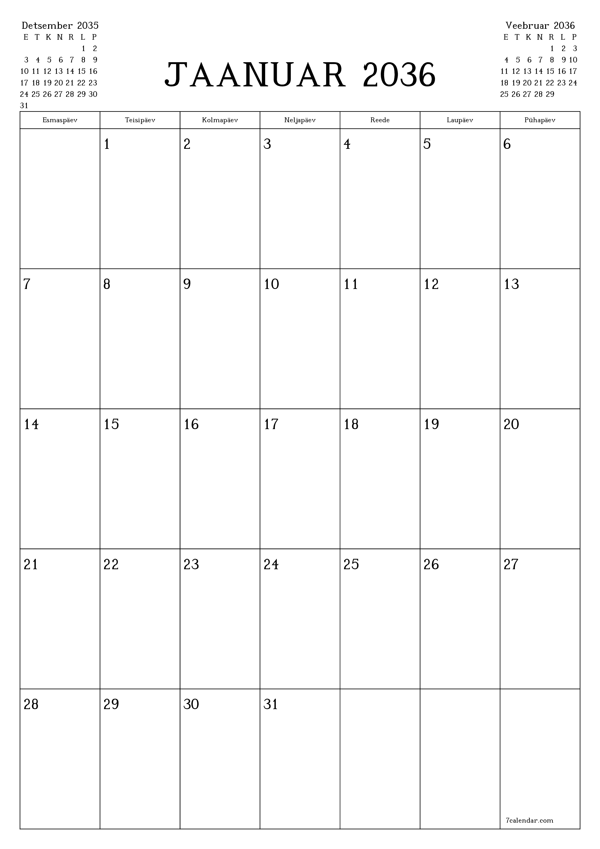 prinditav seina kalendri mall tasuta vertikaalne Igakuine planeerija kalender Jaanuar (Jaan) 2036
