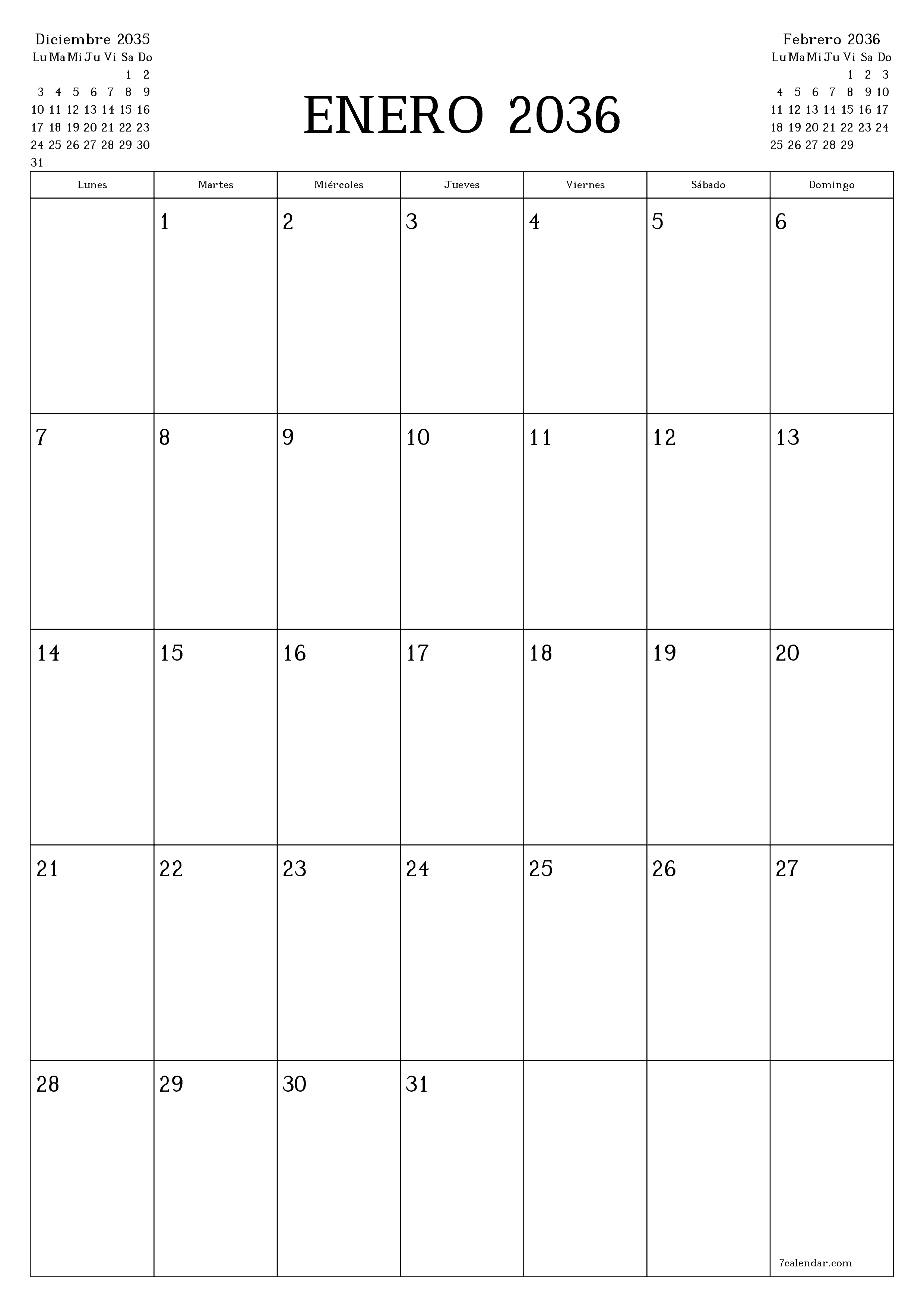 imprimible de pared plantilla de gratisvertical Mensual planificador calendario Enero (Ene) 2036