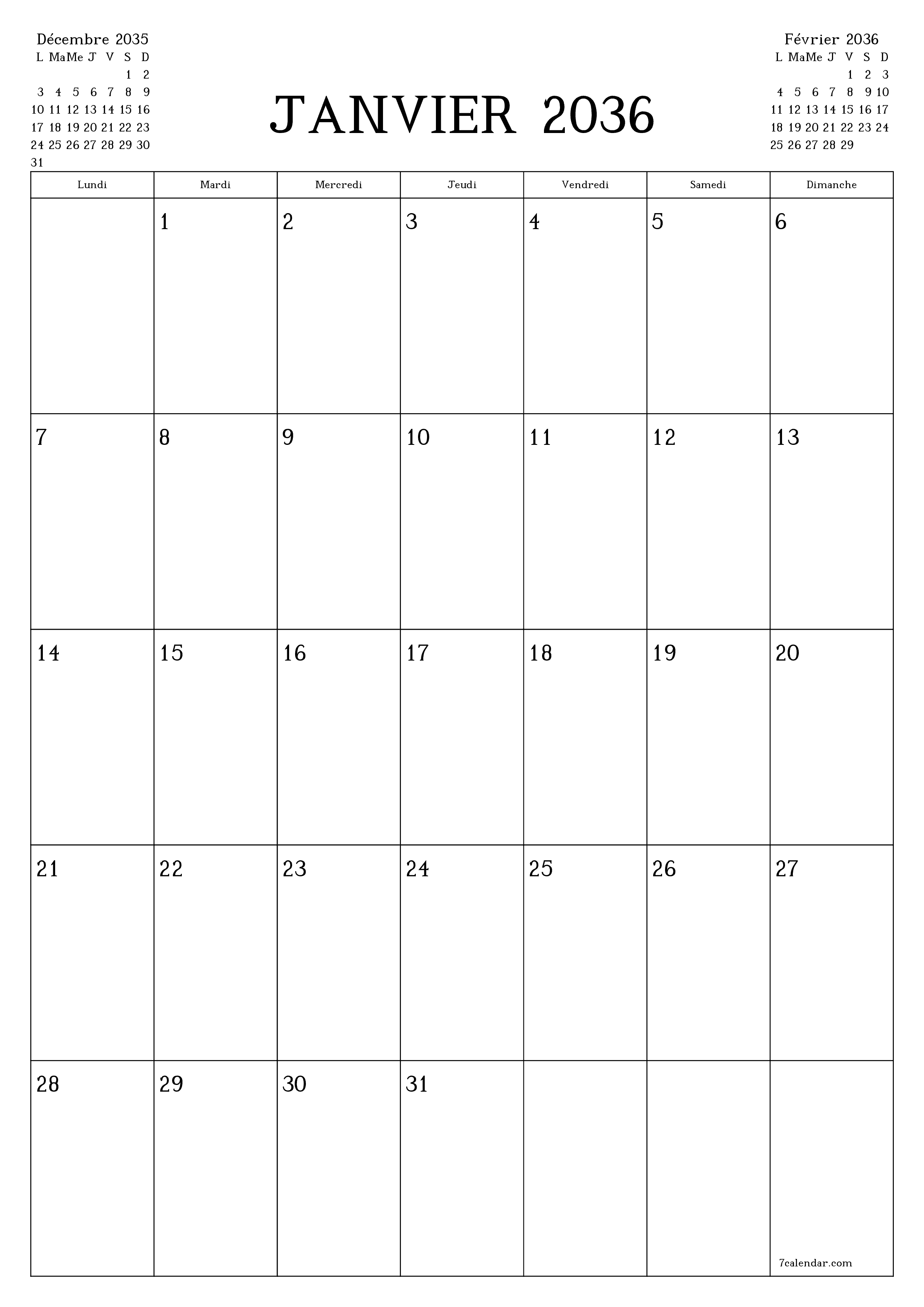  imprimable mural modèle de gratuitverticale Mensuel planificateur calendrier Janvier (Jan) 2036