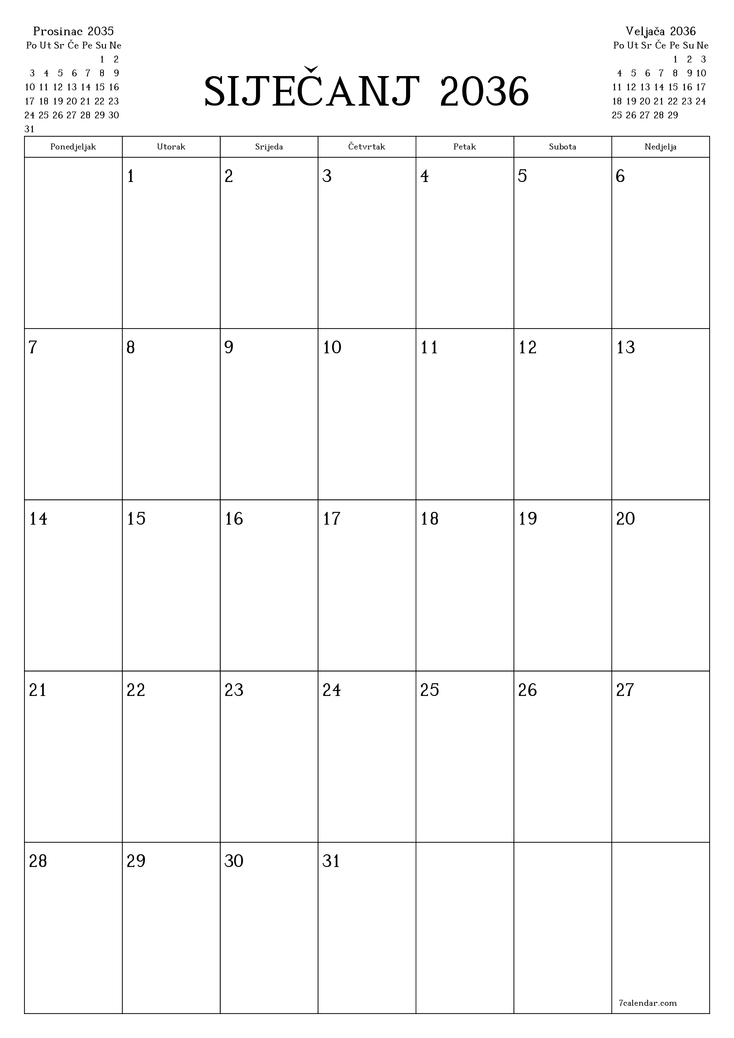  za ispis zidni predložak a besplatni okomito Mjesečni planer kalendar Siječanj (Sij) 2036