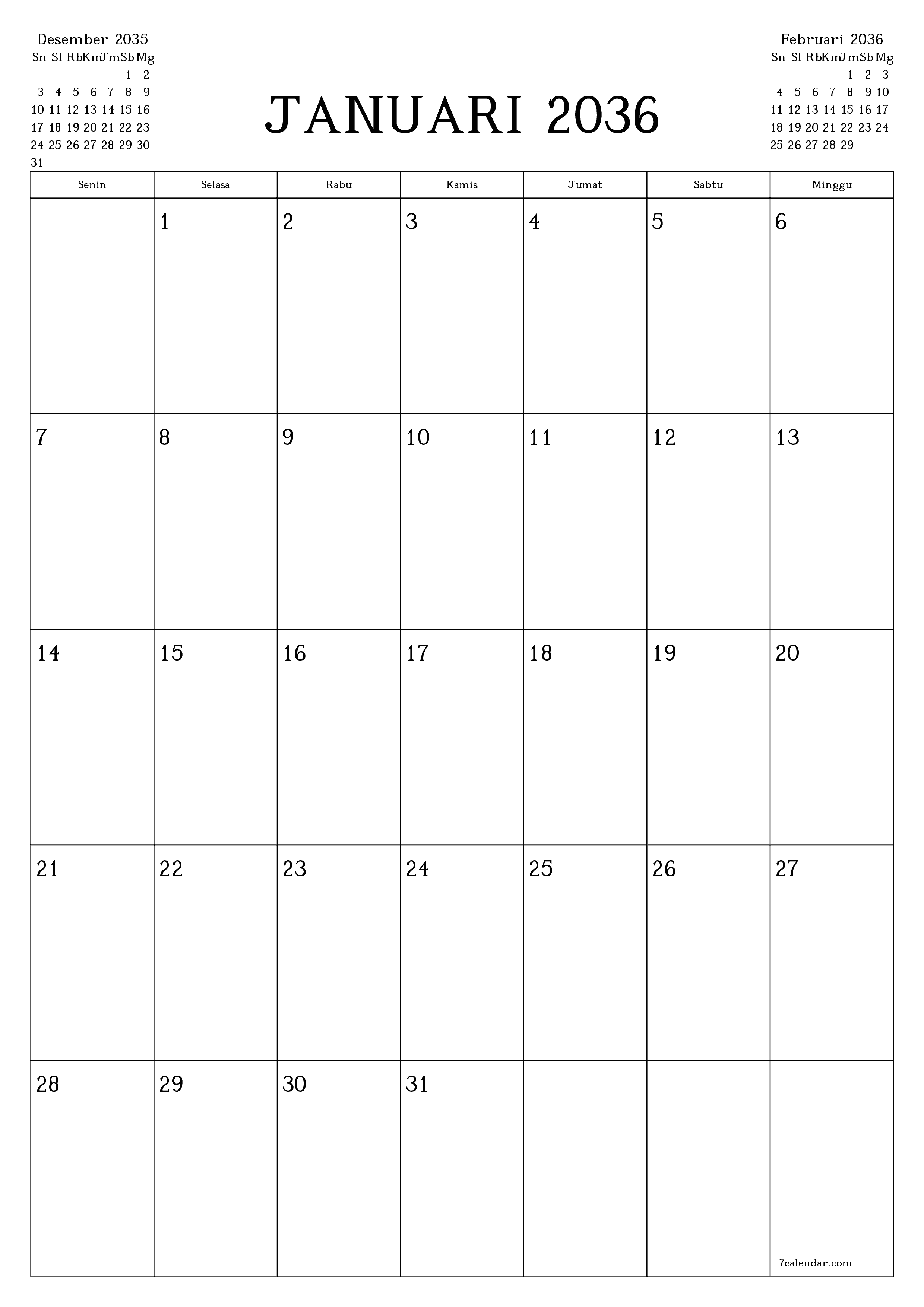  yang dapat dicetak dinding templat gratisvertikal Bulanan perencana kalender Januari (Jan) 2036