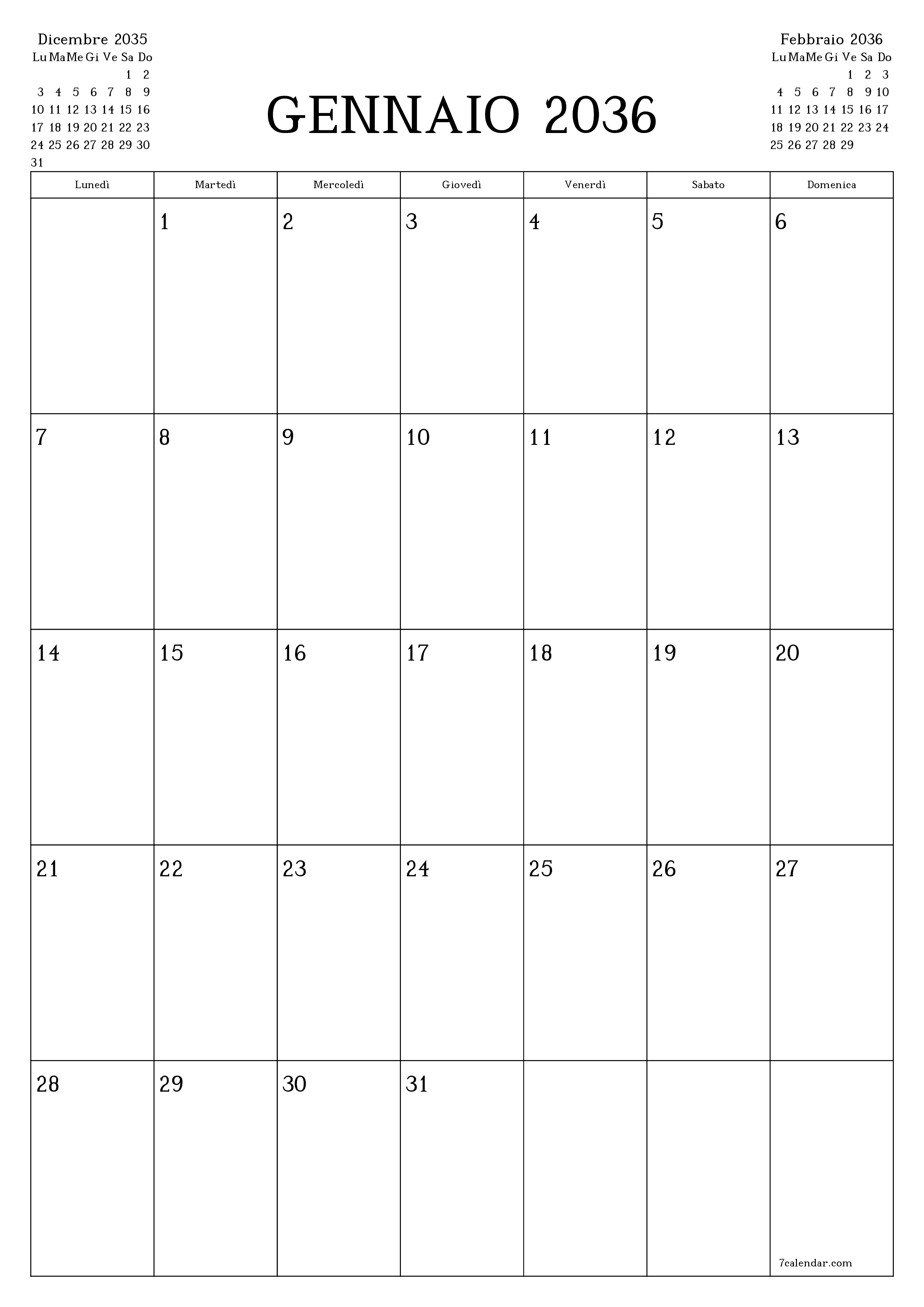  stampabile da parete modello di gratuitoverticale Mensile pianificatore calendario Gennaio (Gen) 2036