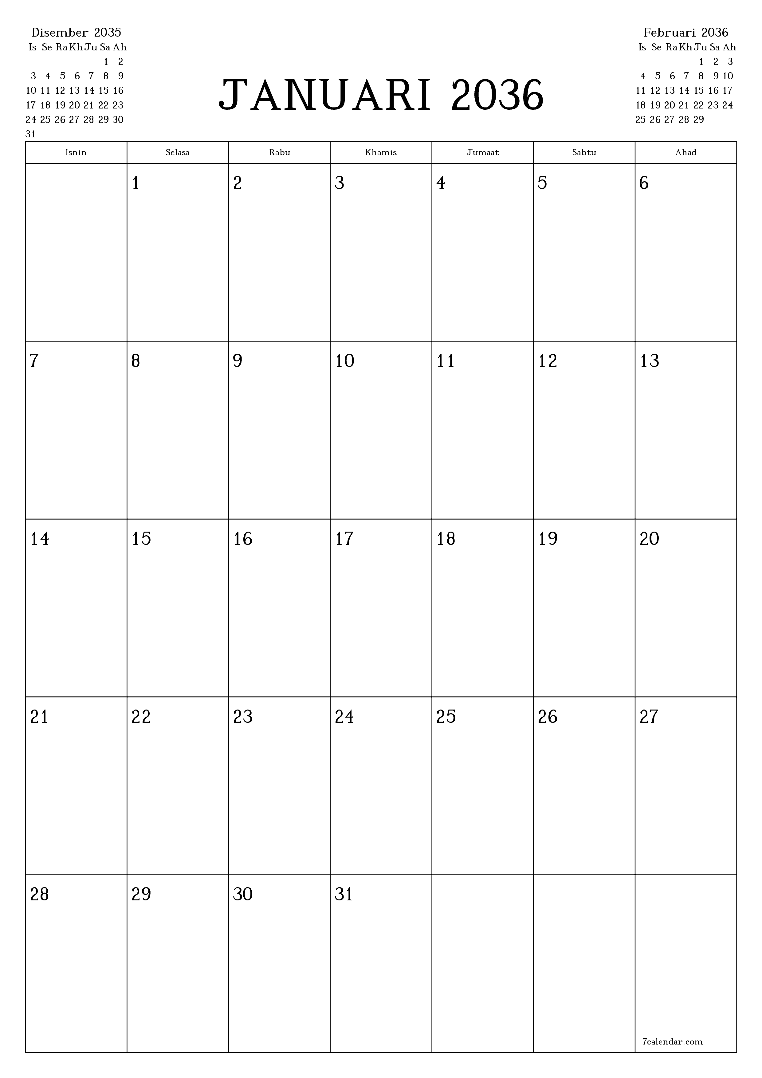  boleh cetak dinding templat percumamenegak Bulanan perancang kalendar Januari (Jan) 2036