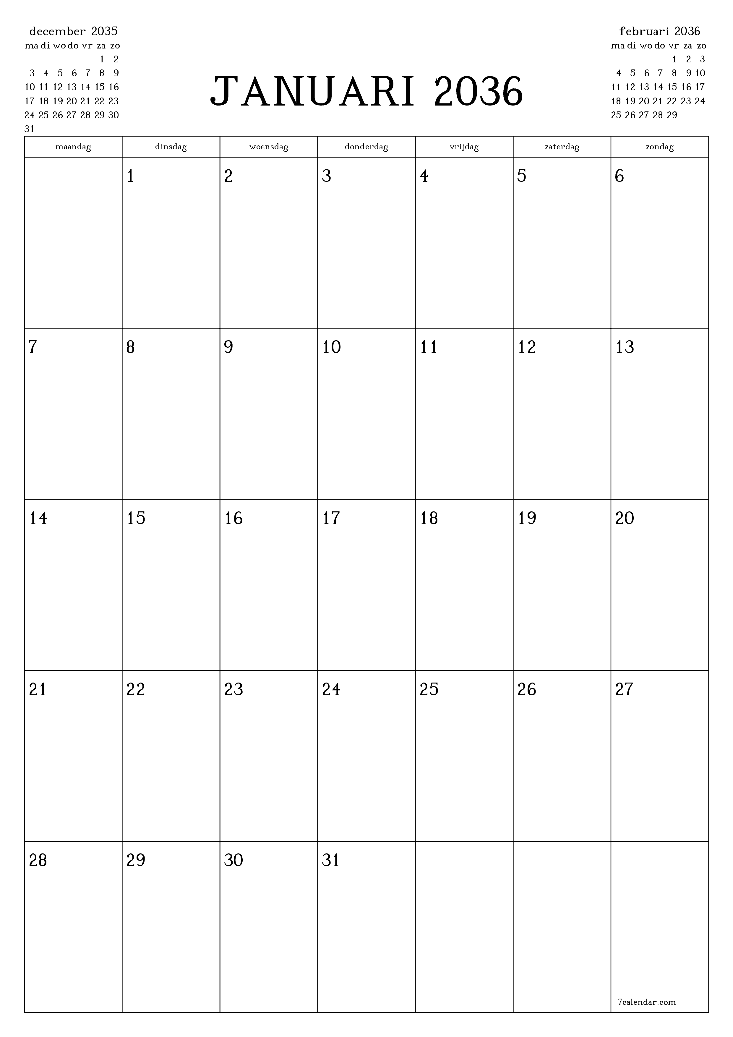 afdrukbare muur sjabloon gratis verticaal Maandelijks planner kalender januari (jan) 2036