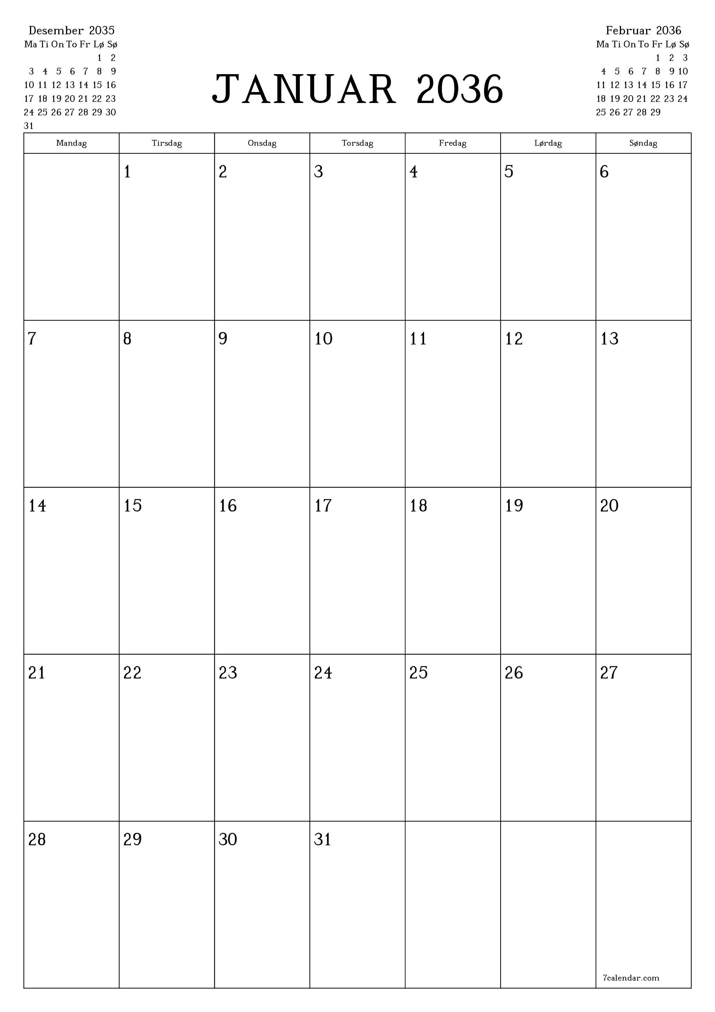 utskrivbar vegg mal gratis vertikal Månedlig planlegger kalender Januar (Jan) 2036