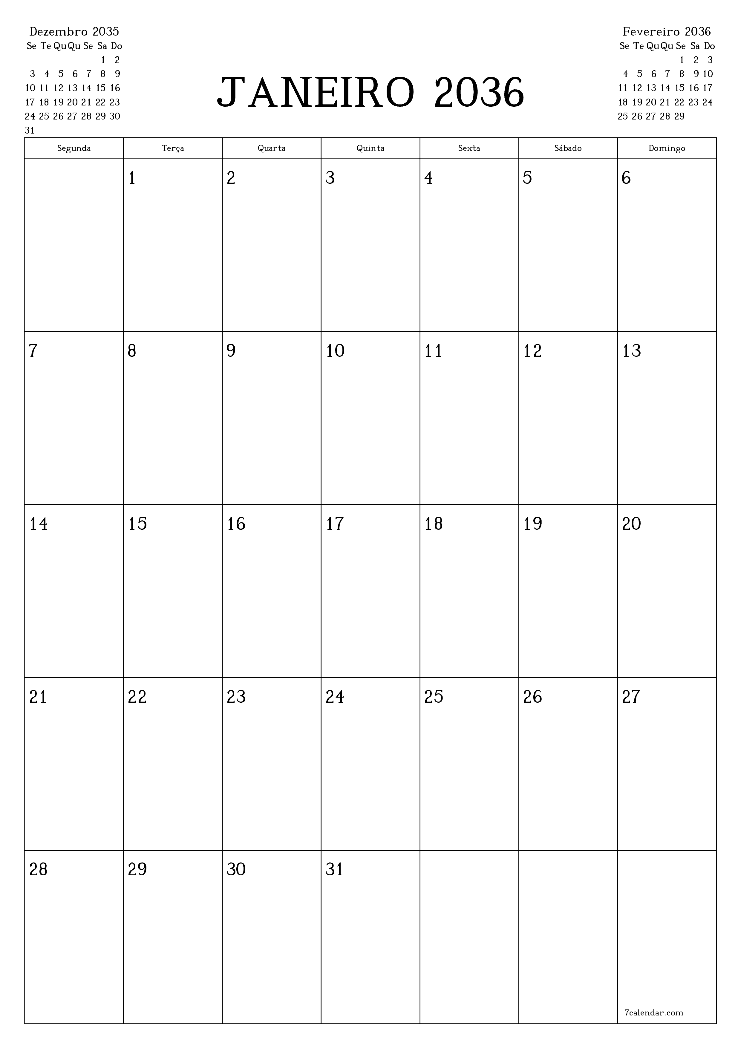  para impressão de parede modelo de grátisvertical Mensal planejador calendário Janeiro (Jan) 2036