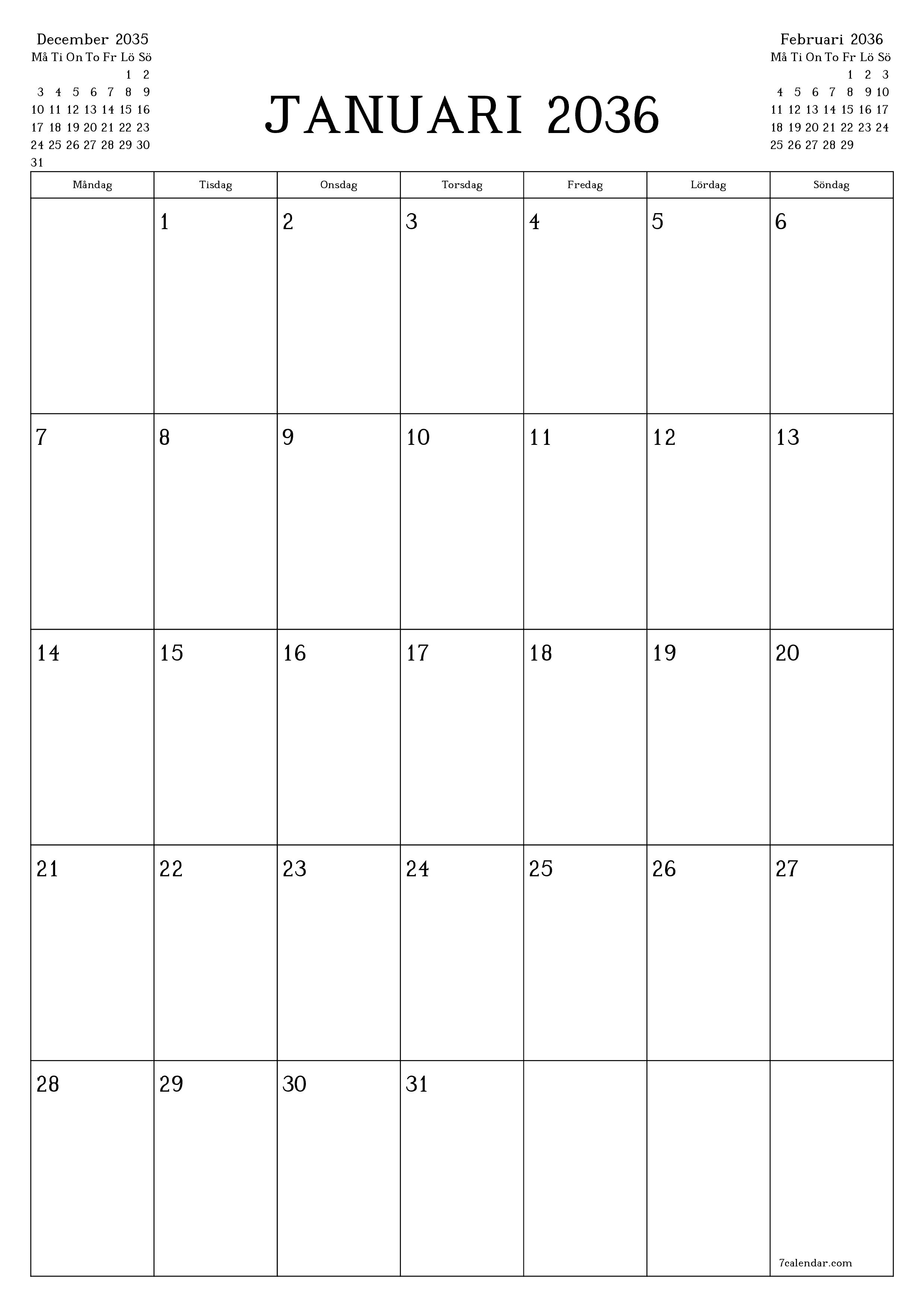 utskrivbar vägg mall gratis vertikal Månatlig planerare kalender Januari (Jan) 2036