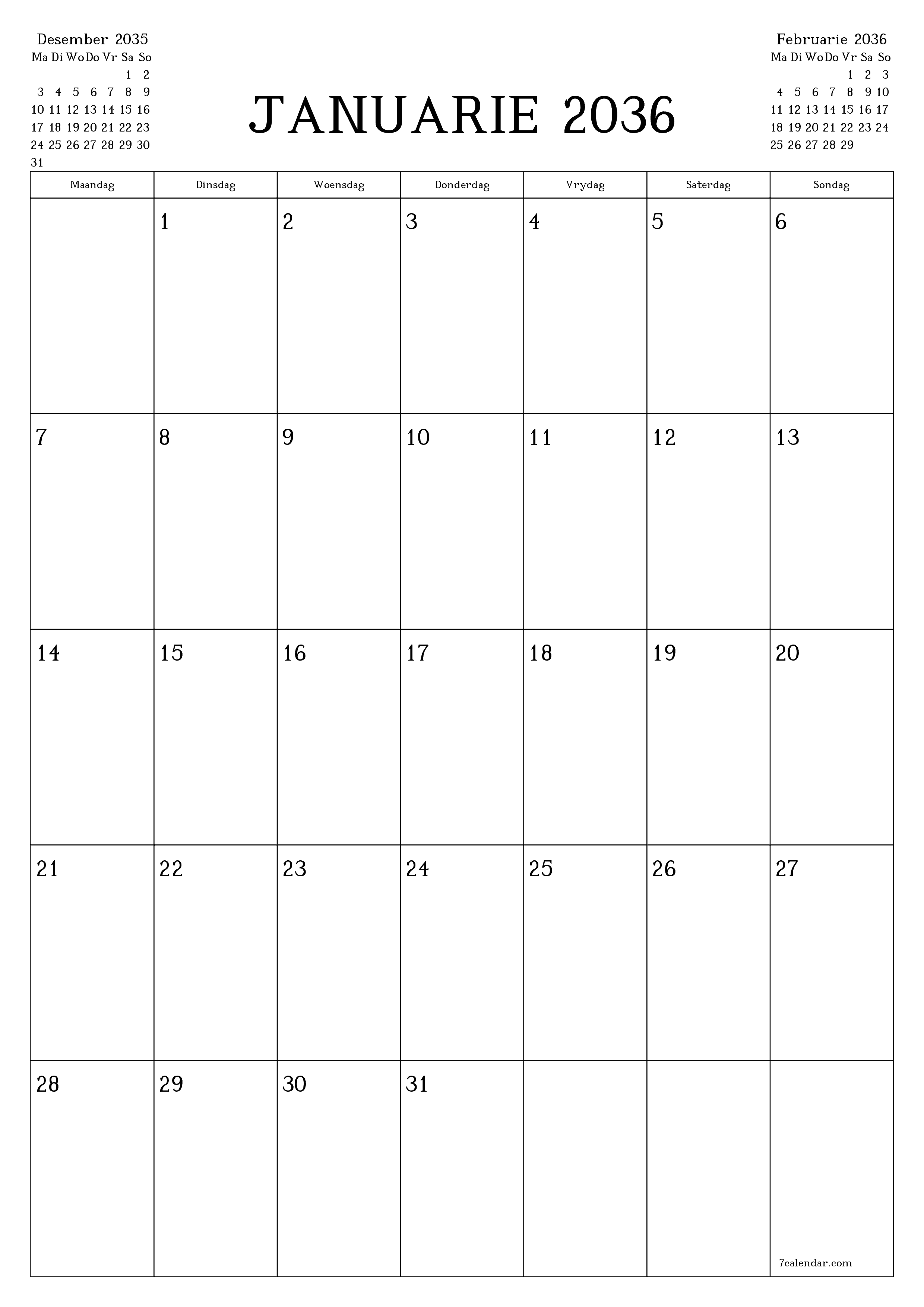 drukbare muur template gratis vertikaal Maandeliks beplanner kalender Januarie (Jan) 2036