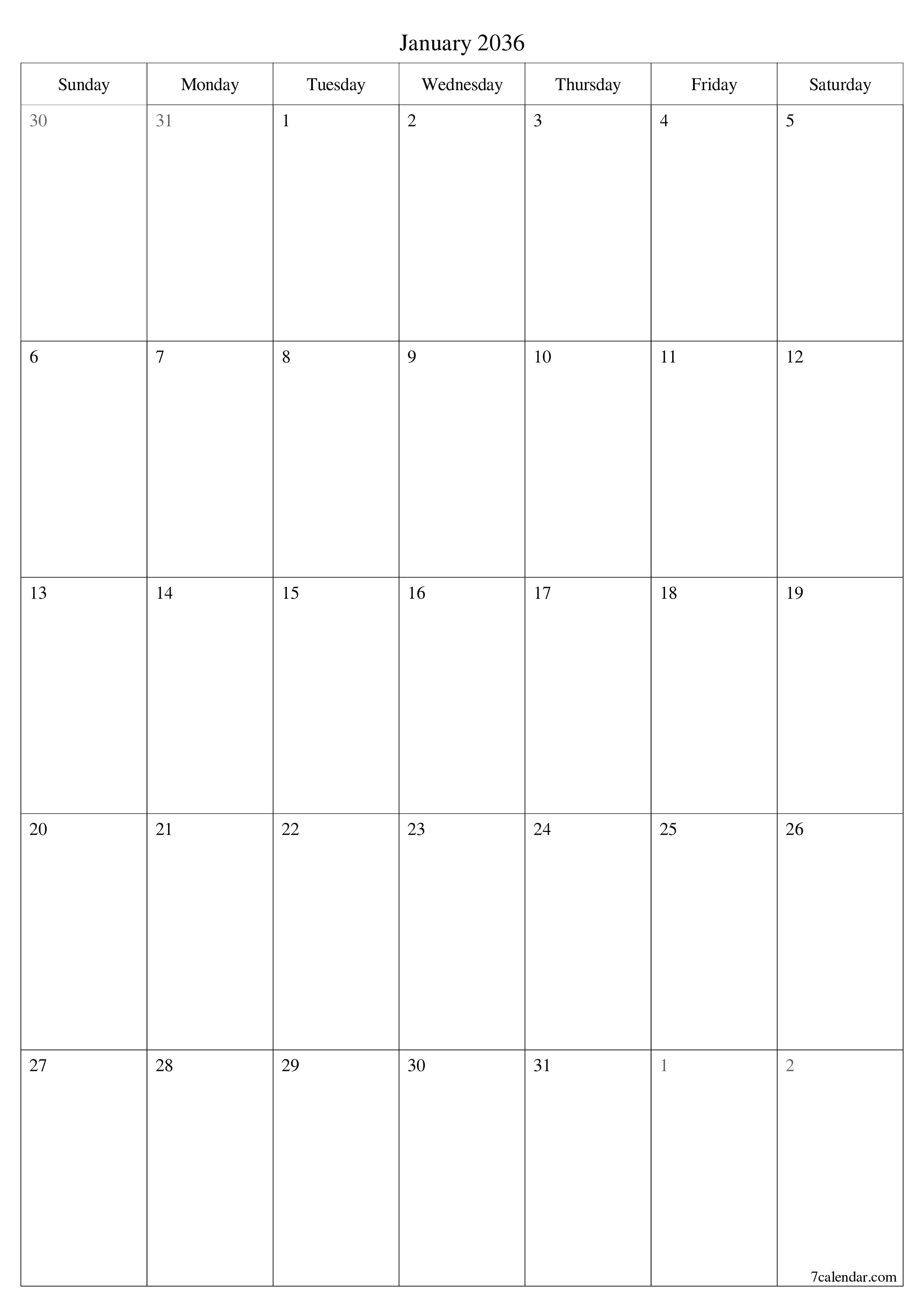 printable wall template free vertical Monthly planner calendar January (Jan) 2036