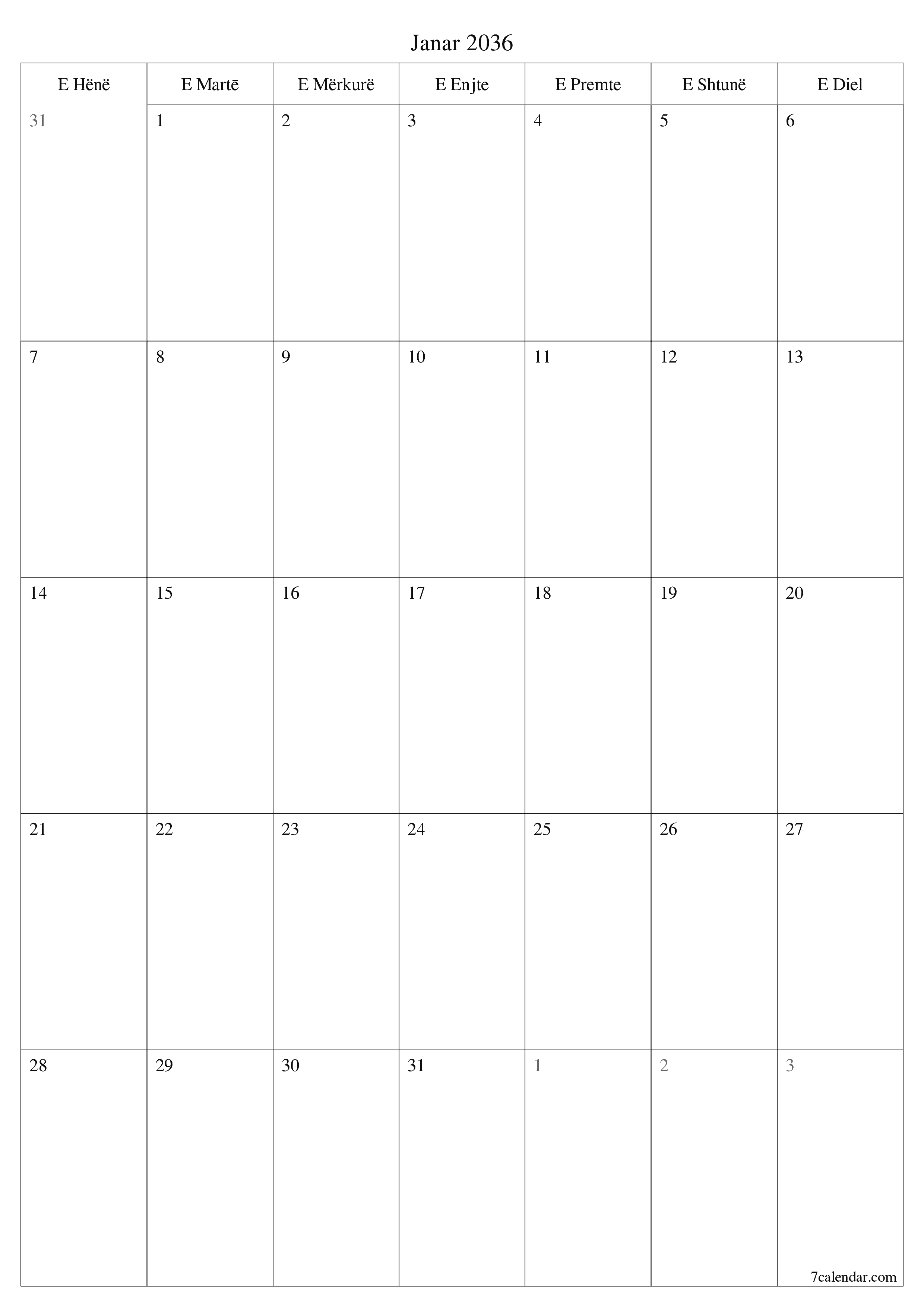  i printueshëm muri shabllon falasvertikale mujore planifikues kalendar Janar (Jan) 2036