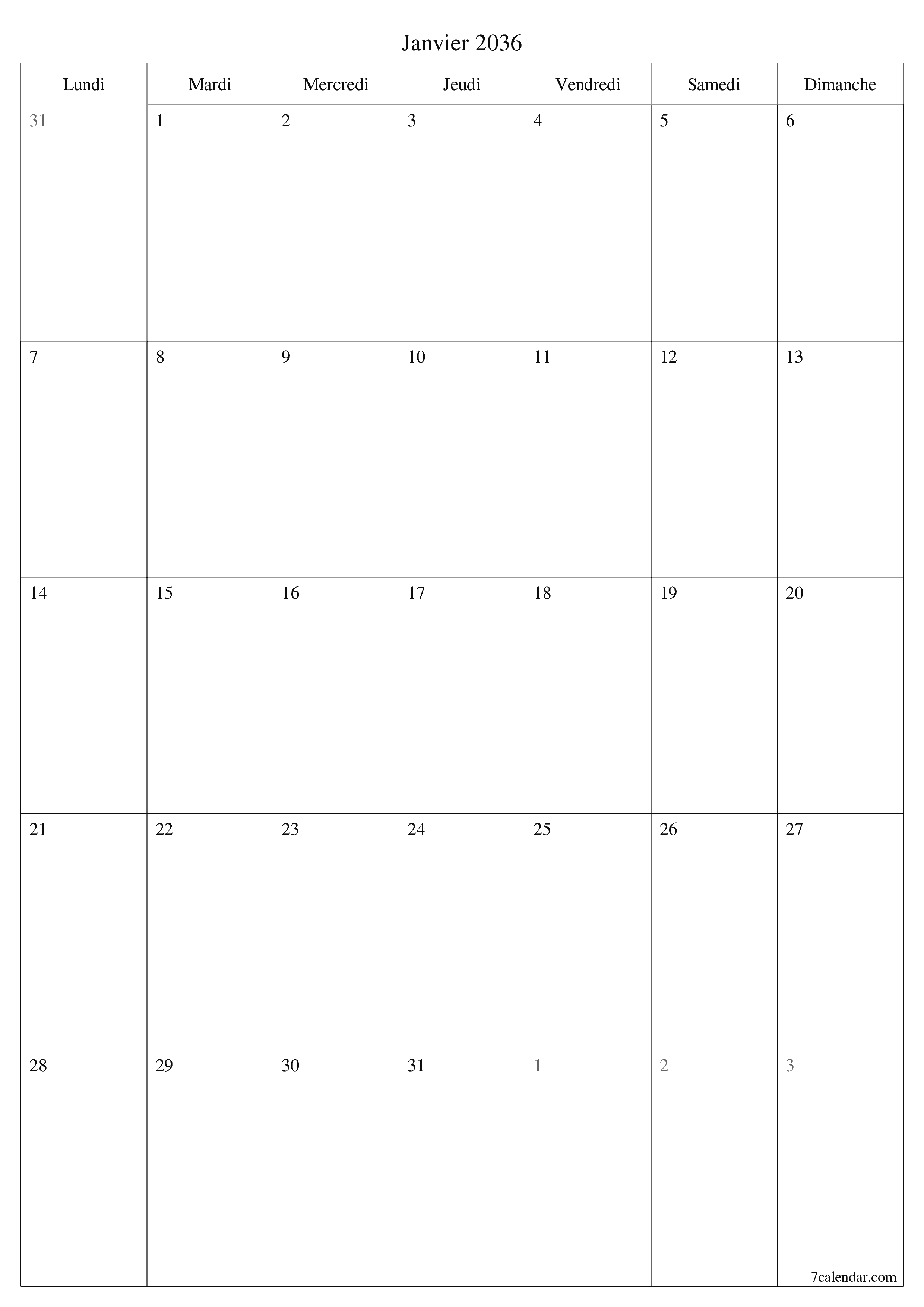  imprimable mural modèle de gratuitverticale Mensuel planificateur calendrier Janvier (Jan) 2036
