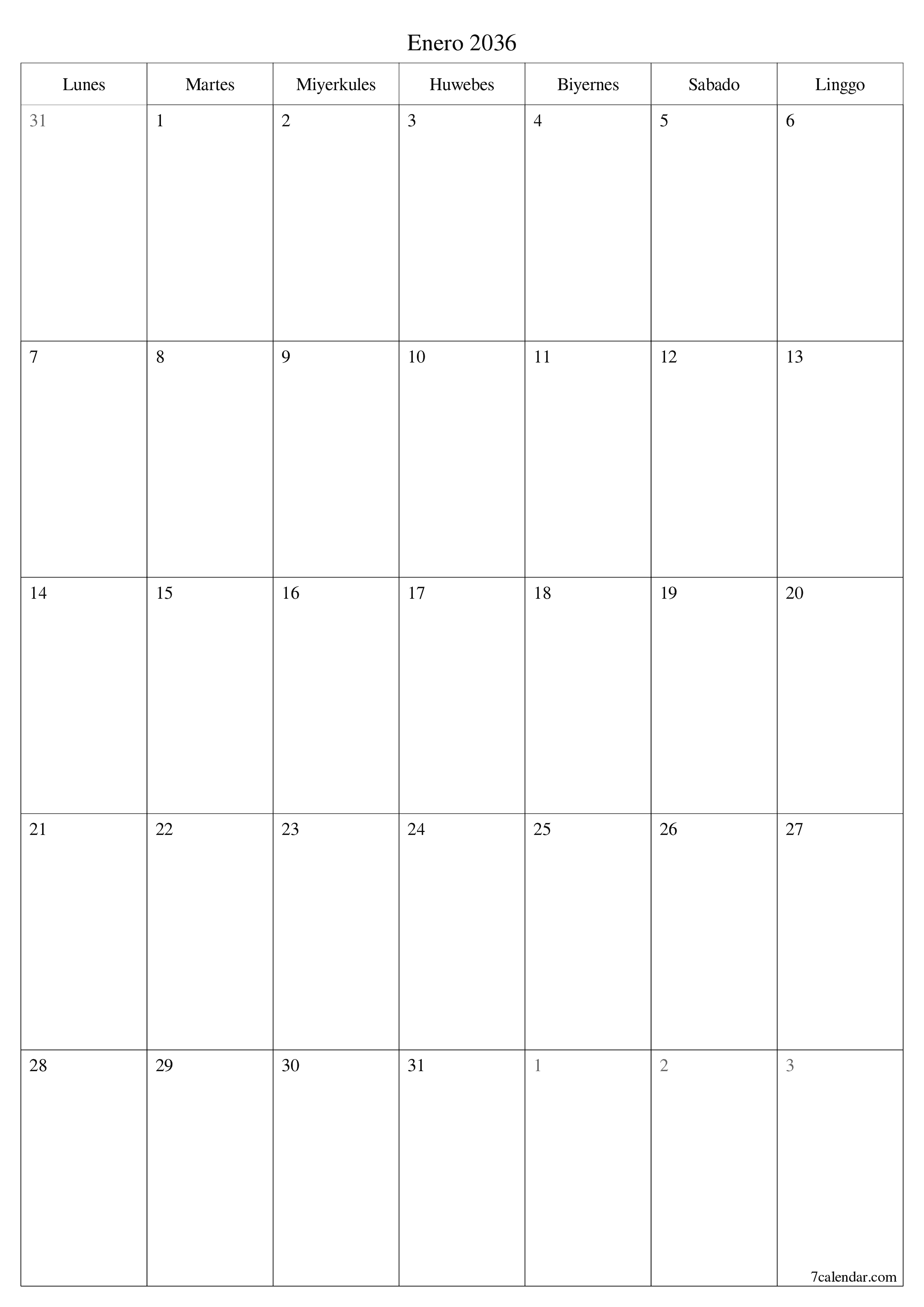 napi-print na sa dingding template ng libreng patayo Buwanang tagaplano kalendaryo Enero (Ene) 2036
