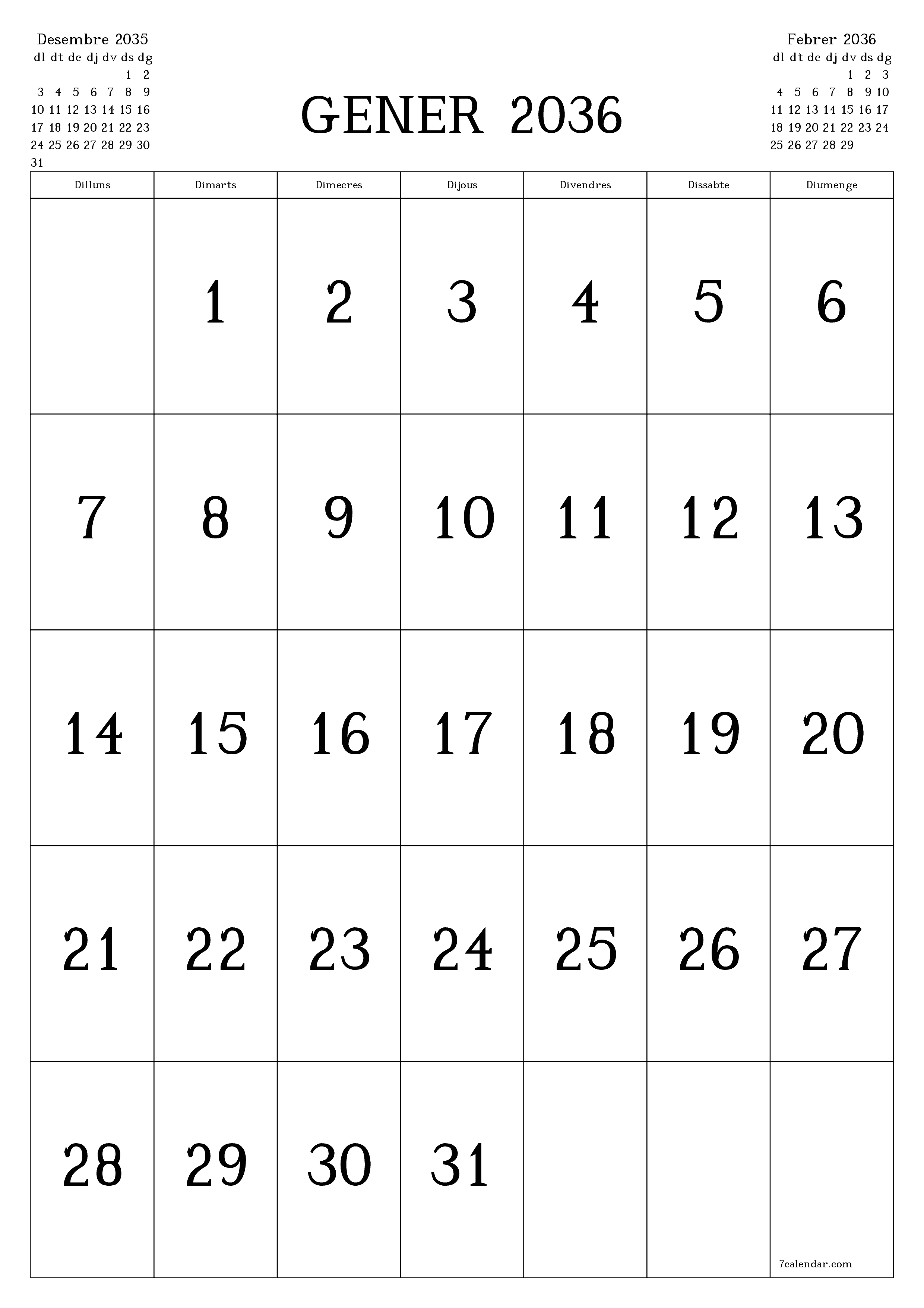  imprimible de paret plantilla de gratuïtvertical Mensual calendari Gener (Gen) 2036