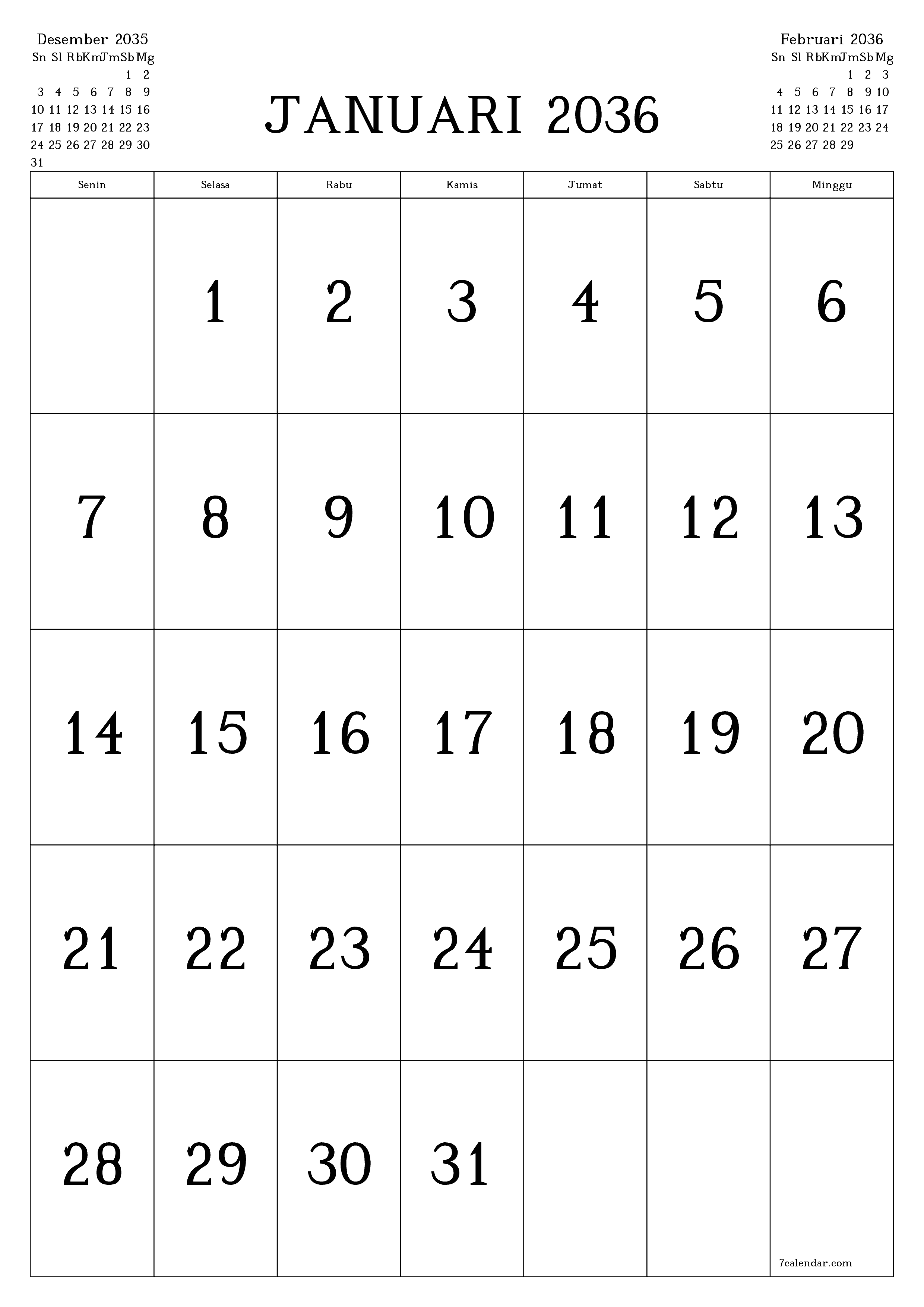  yang dapat dicetak dinding templat gratisvertikal Bulanan kalender Januari (Jan) 2036