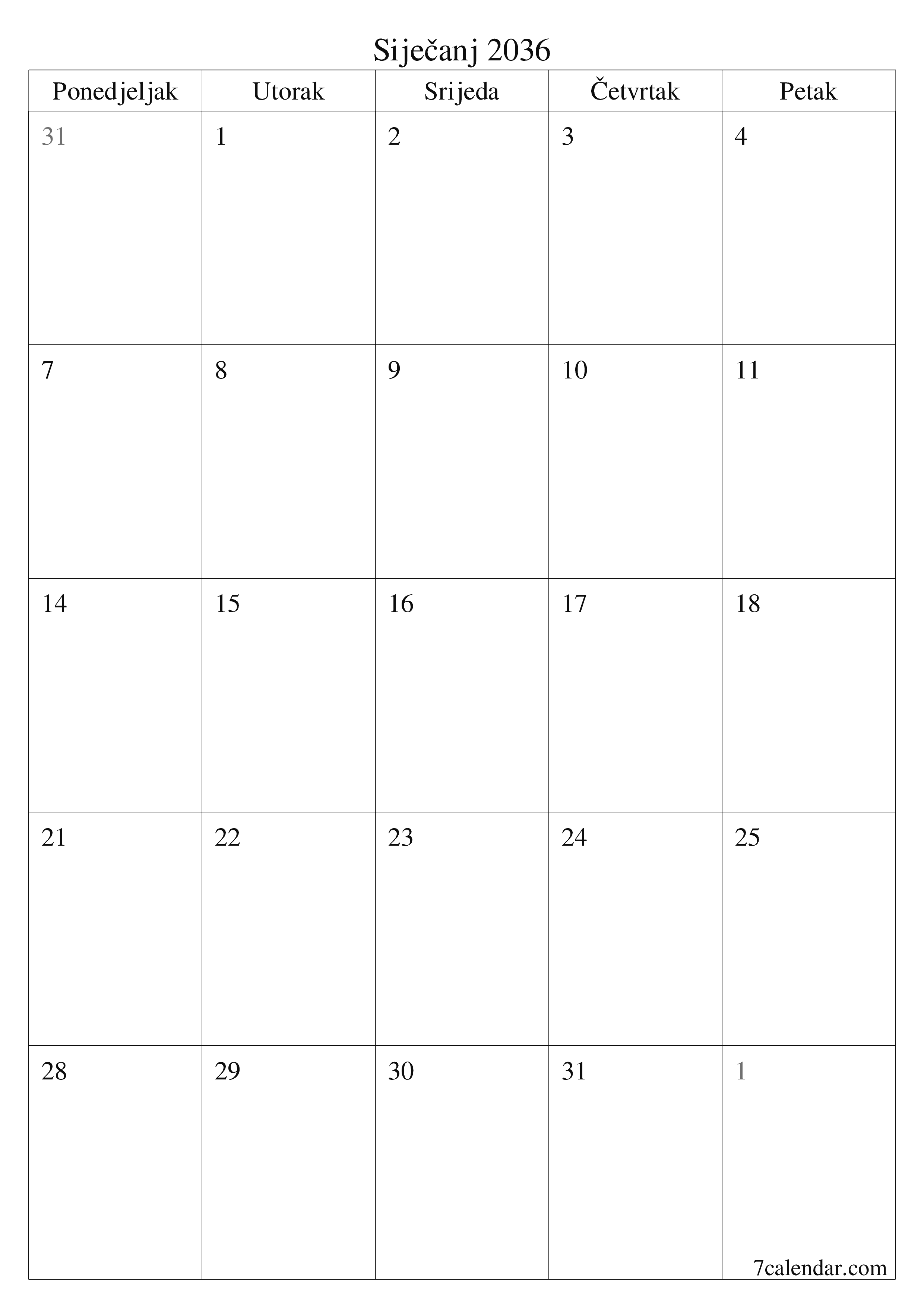  za ispis zidni predložak a besplatni okomito Mjesečni planer kalendar Siječanj (Sij) 2036