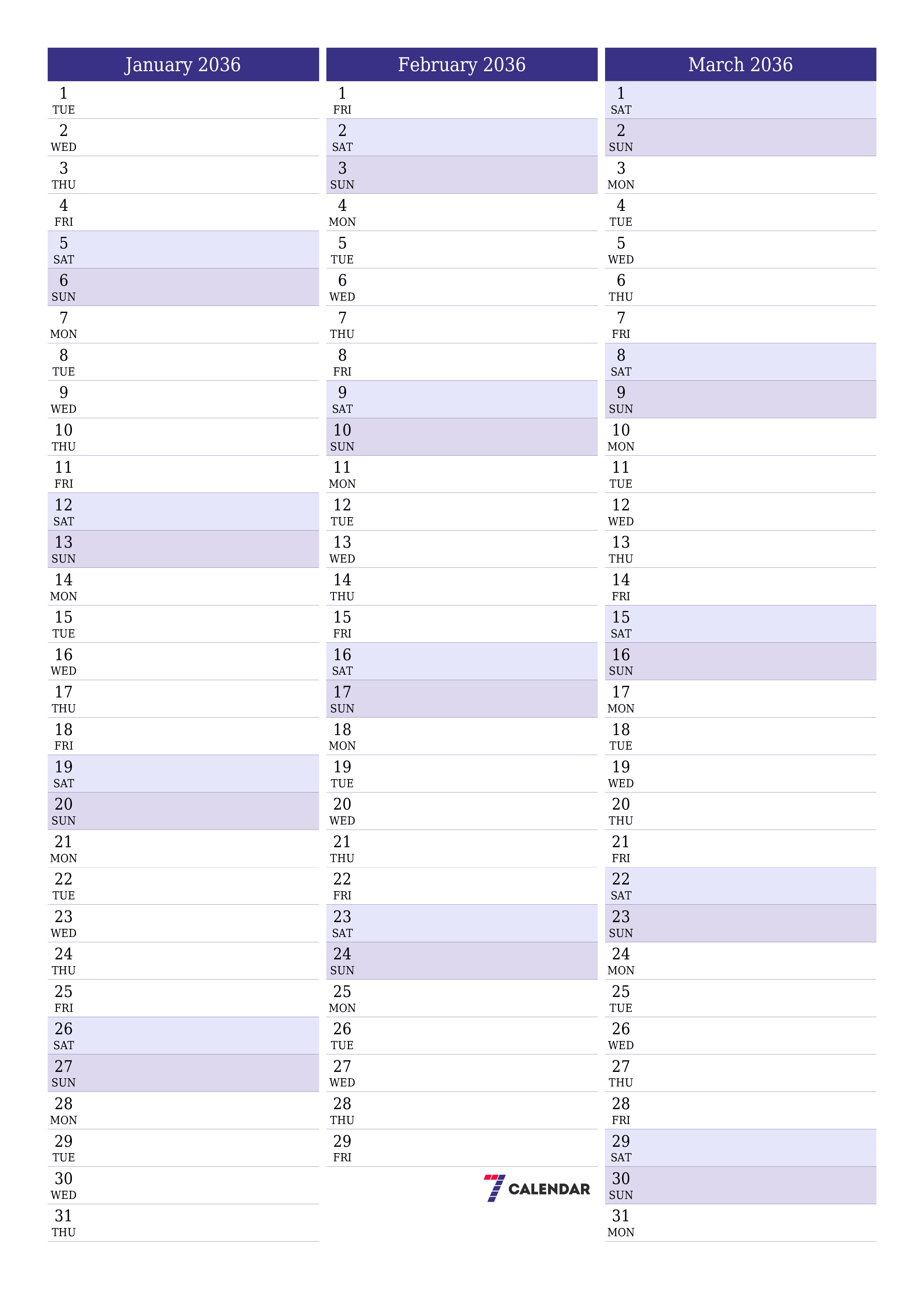 printable wall template free vertical Monthly planner calendar January (Jan) 2036