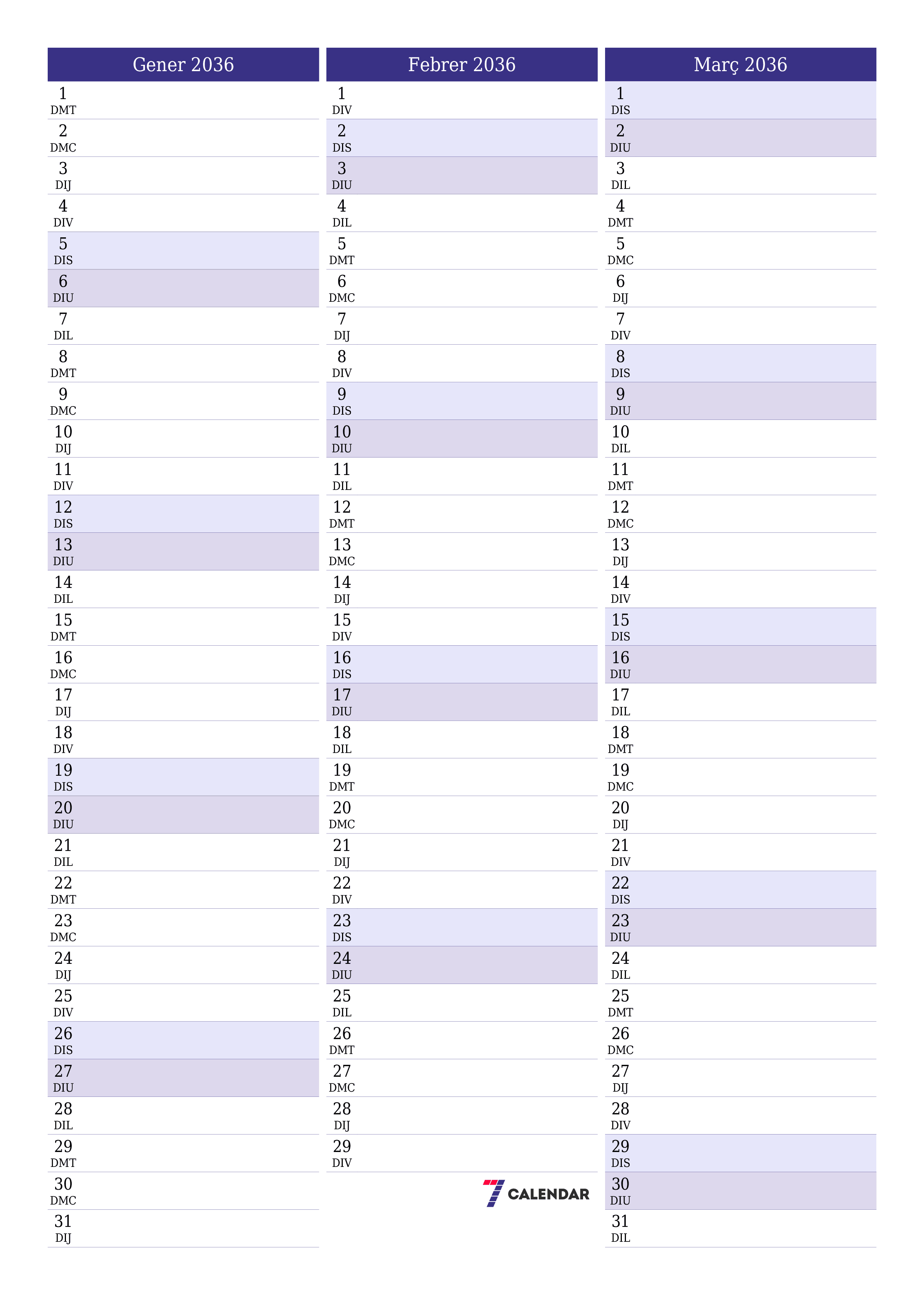  imprimible de paret plantilla de gratuïtvertical Mensual planificador calendari Gener (Gen) 2036