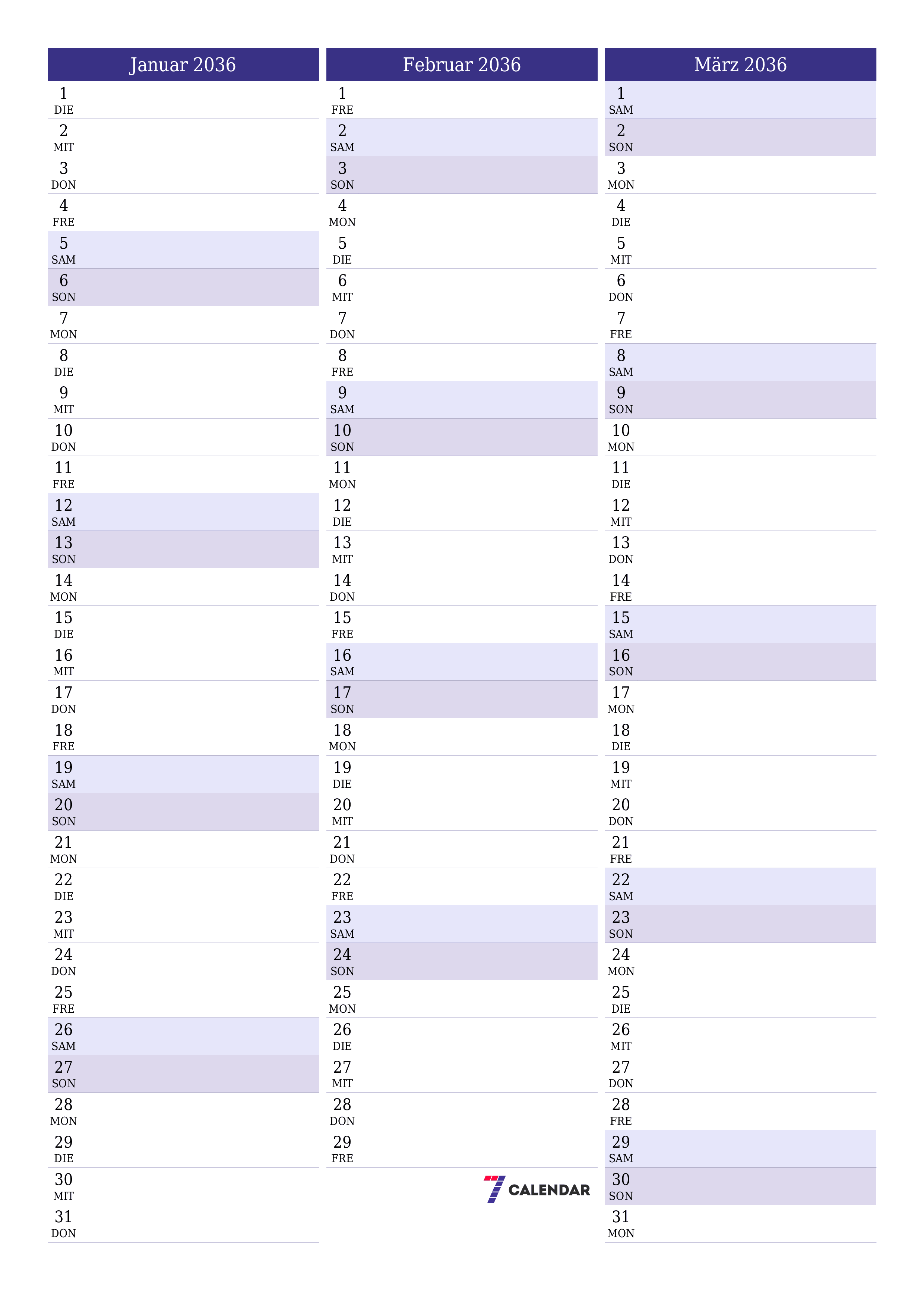  zum Ausdrucken Wandkalender vorlage kostenloser vertikal Monatlich Planer Kalender Januar (Jan) 2036