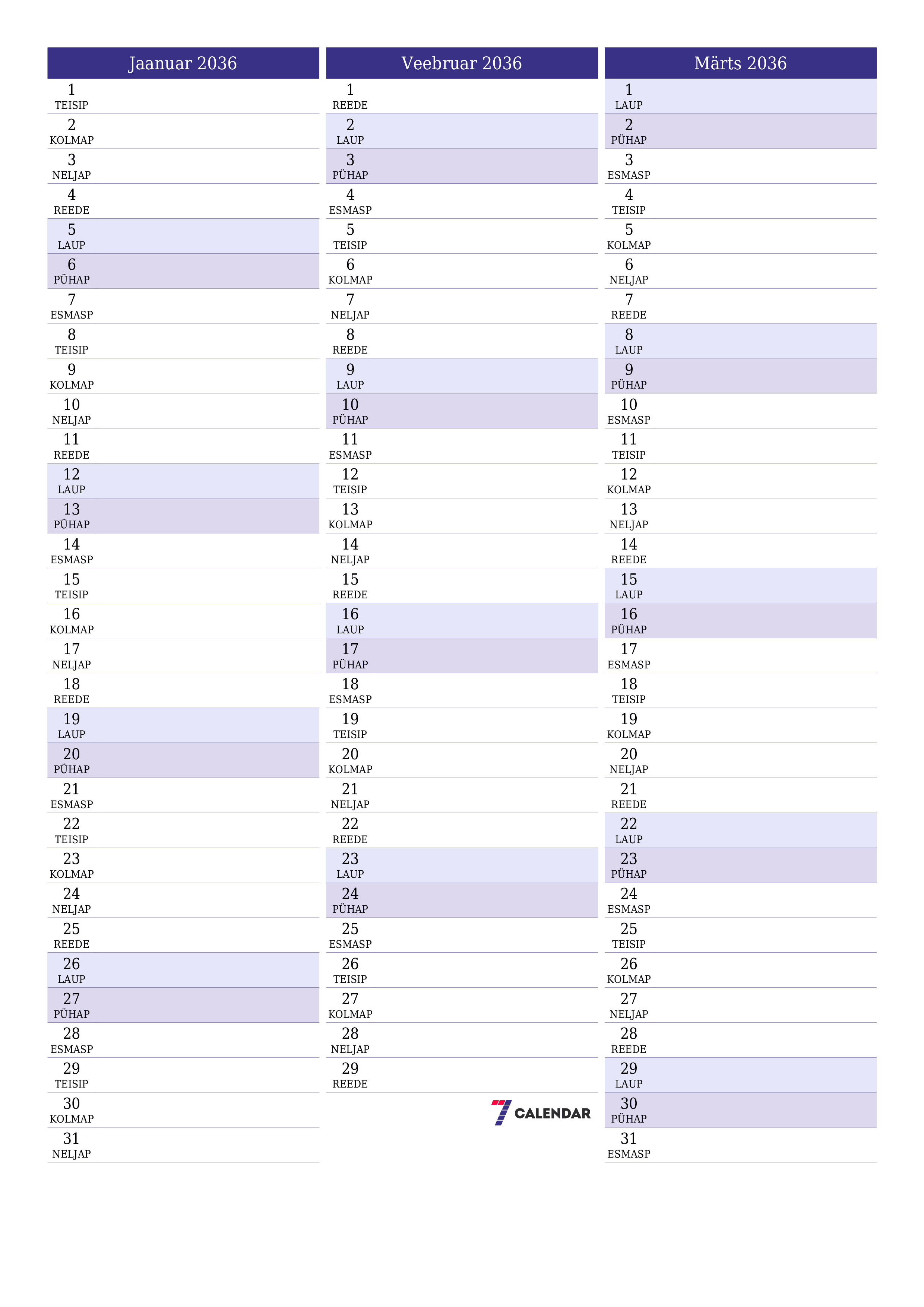 prinditav seina kalendri mall tasuta vertikaalne Igakuine planeerija kalender Jaanuar (Jaan) 2036
