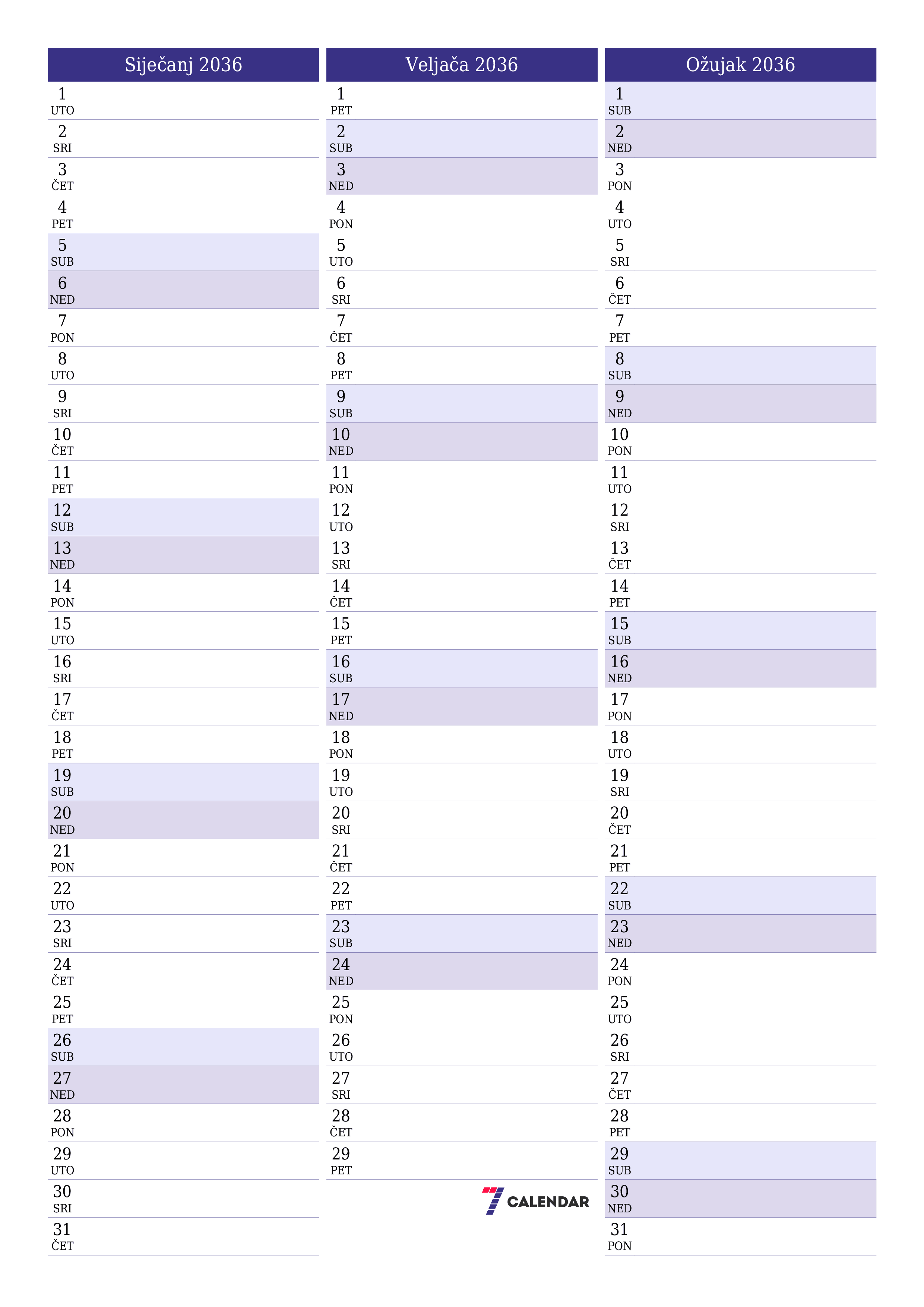  za ispis zidni predložak a besplatni okomito Mjesečni planer kalendar Siječanj (Sij) 2036