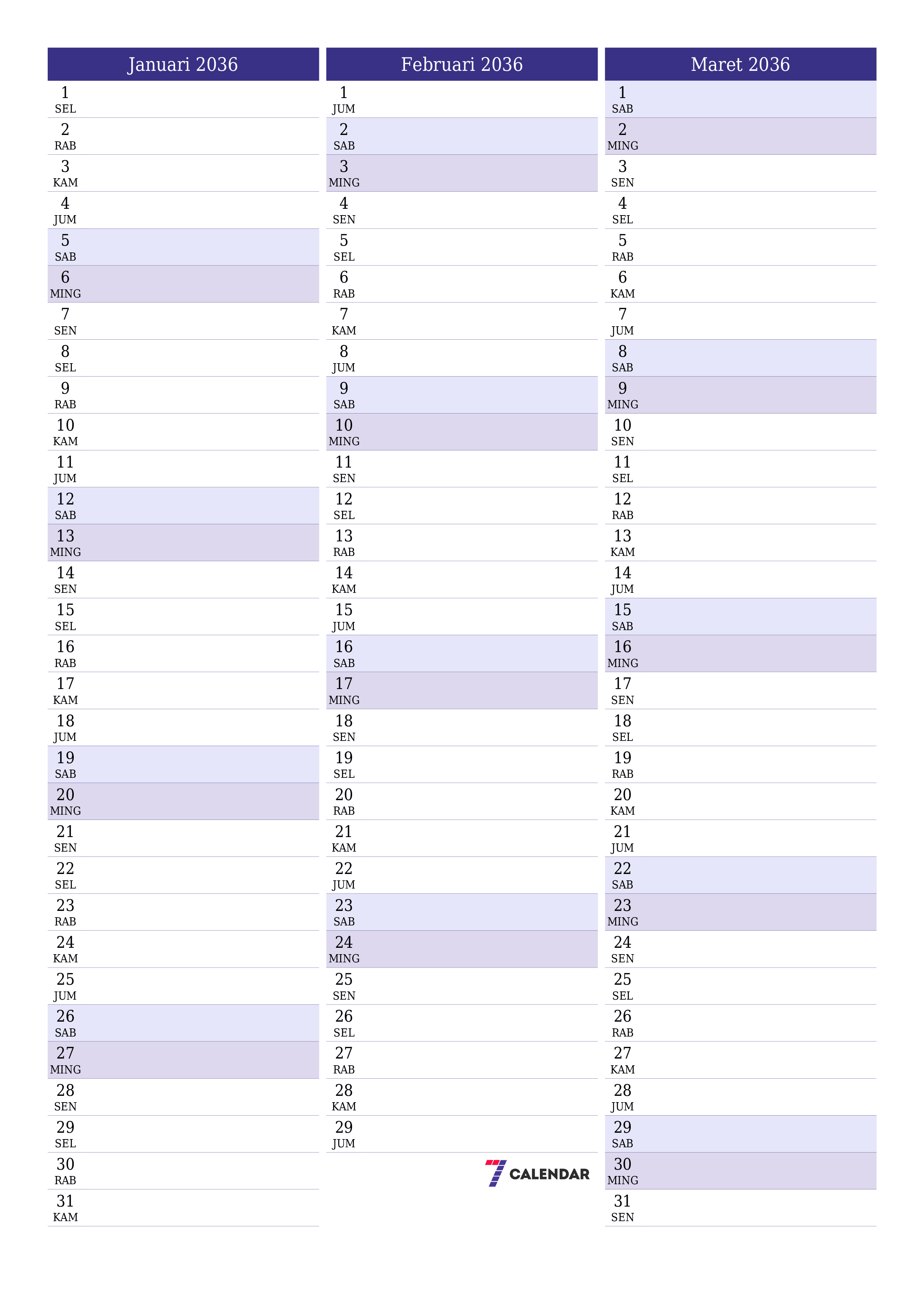  yang dapat dicetak dinding templat gratisvertikal Bulanan perencana kalender Januari (Jan) 2036