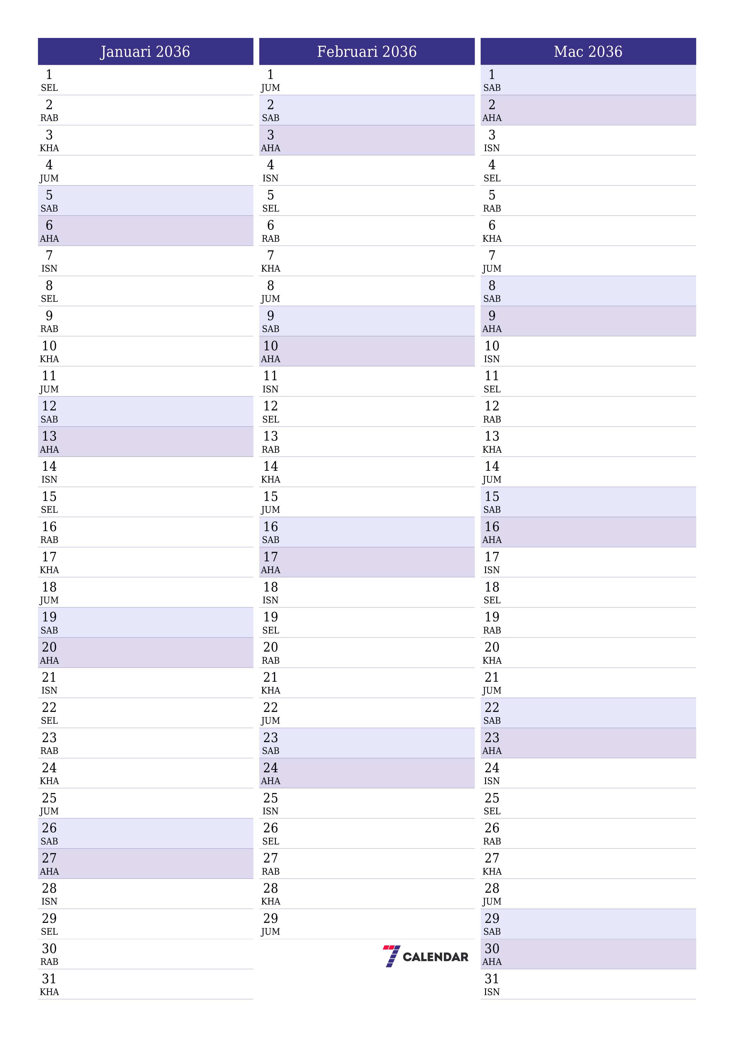  boleh cetak dinding templat percumamenegak Bulanan perancang kalendar Januari (Jan) 2036