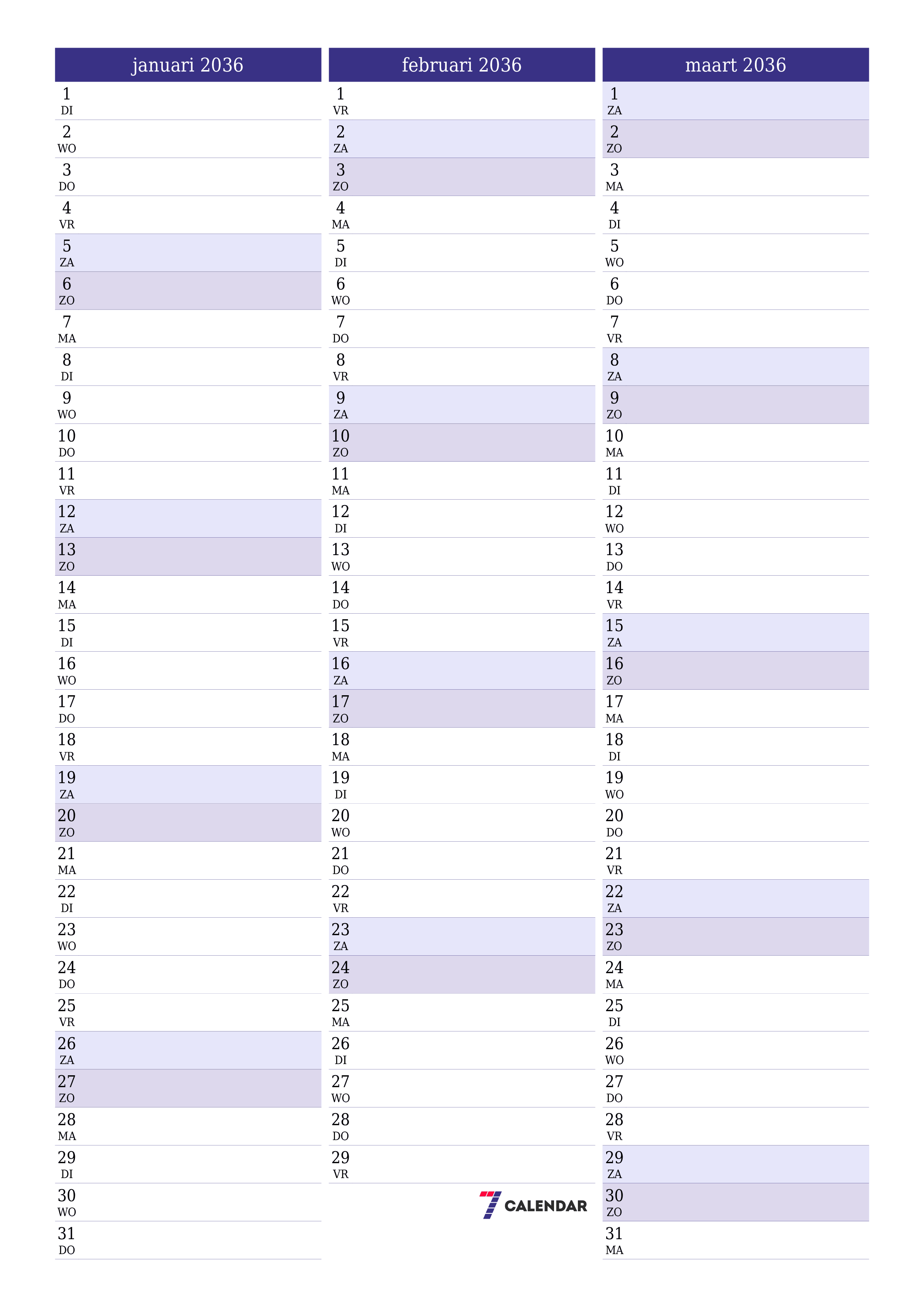 afdrukbare muur sjabloon gratis verticaal Maandelijks planner kalender januari (jan) 2036
