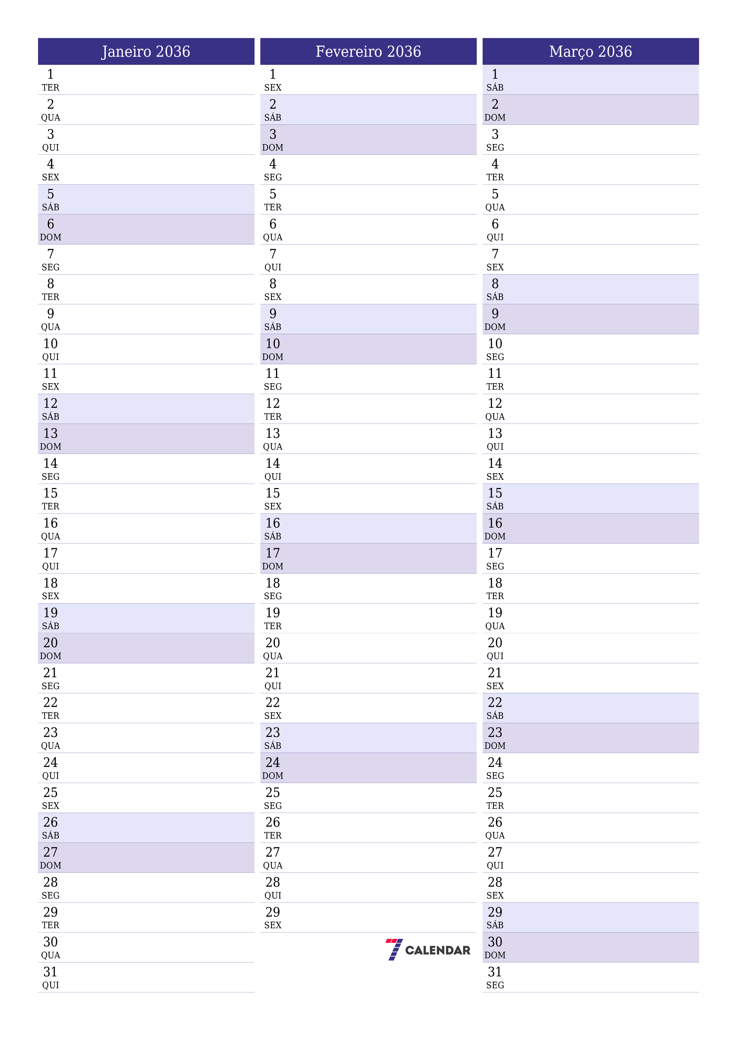  para impressão de parede modelo de grátisvertical Mensal planejador calendário Janeiro (Jan) 2036