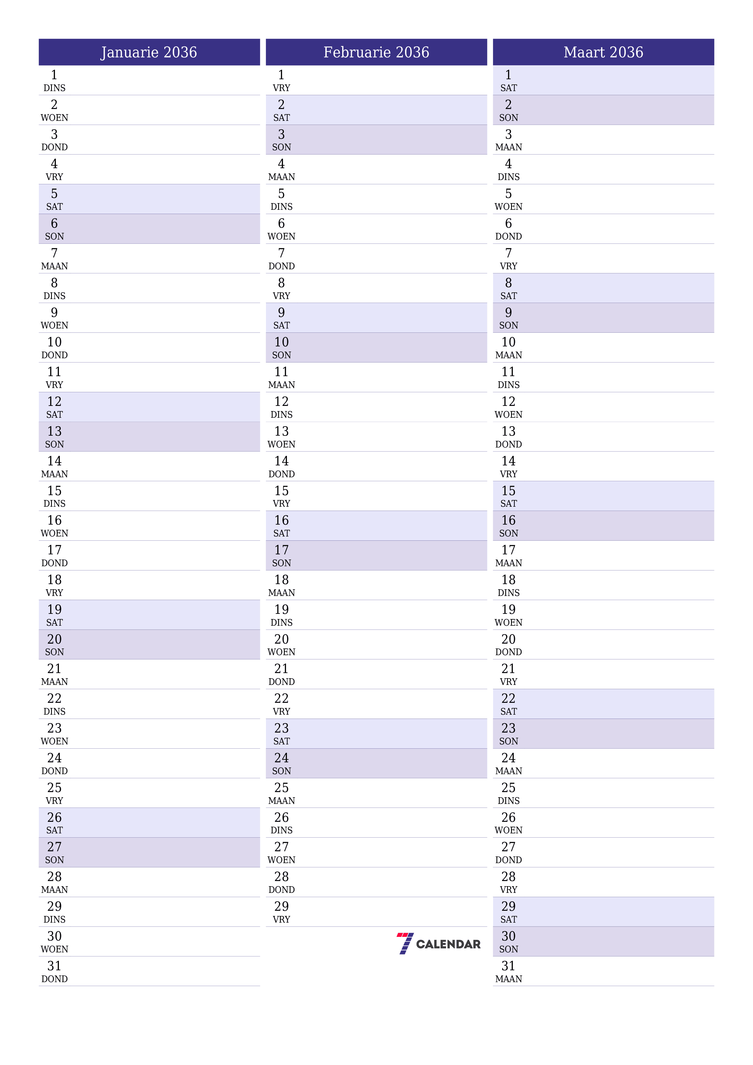 drukbare muur template gratis vertikaal Maandeliks beplanner kalender Januarie (Jan) 2036