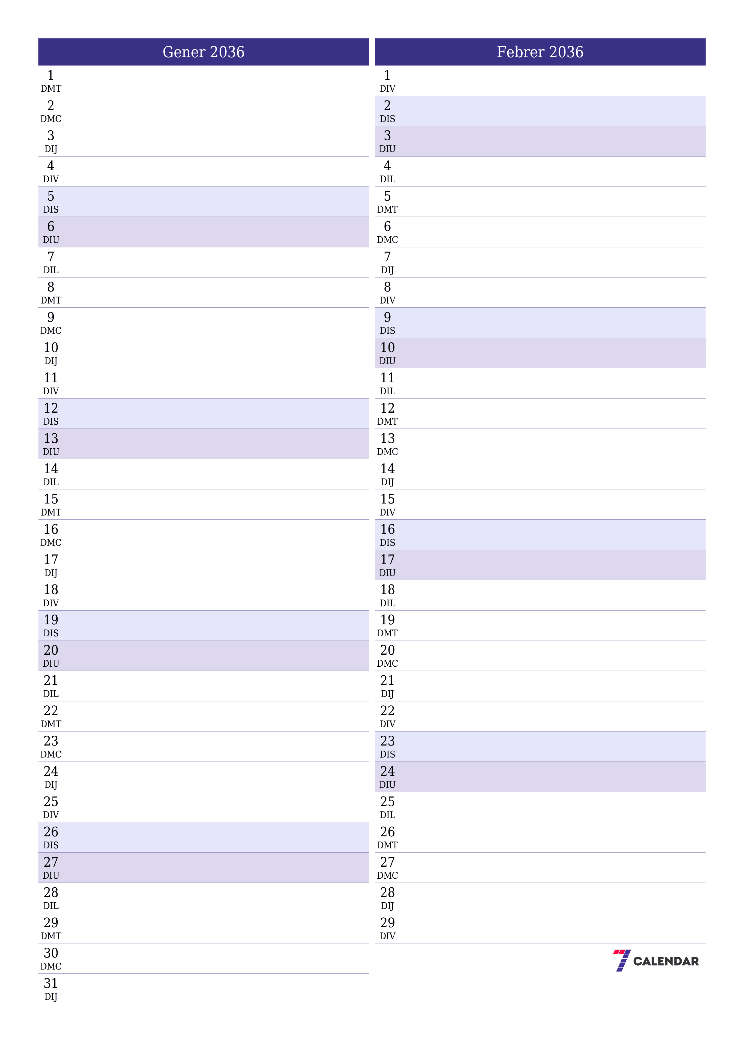 Planificador mensual buit del mes Gener 2036 amb notes, deseu-lo i imprimiu-lo en format PDF PNG Catalan