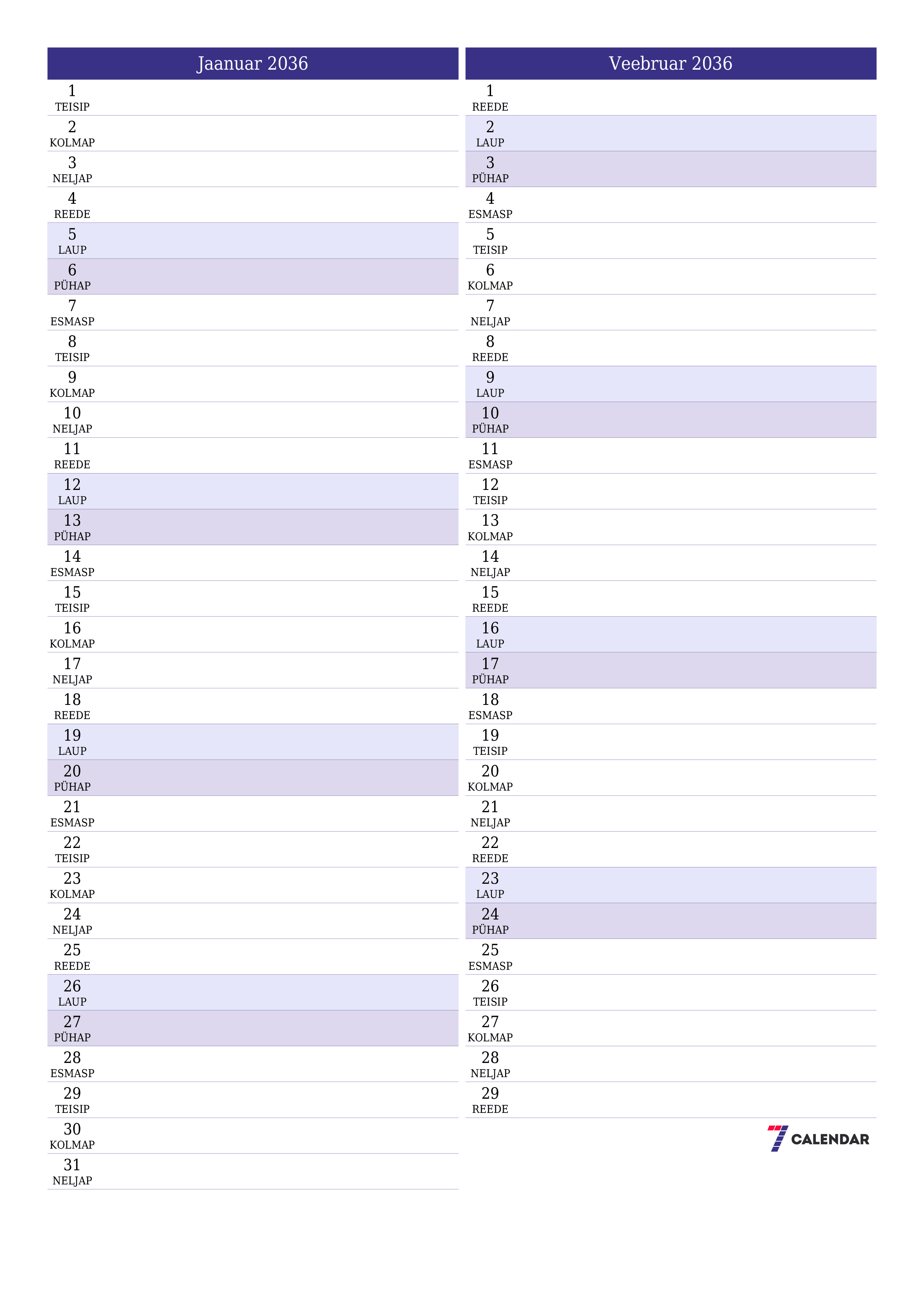 Tühjendage kuu Jaanuar 2036 kuuplaneerija märkmetega, salvestage ja printige PDF-i PNG Estonian