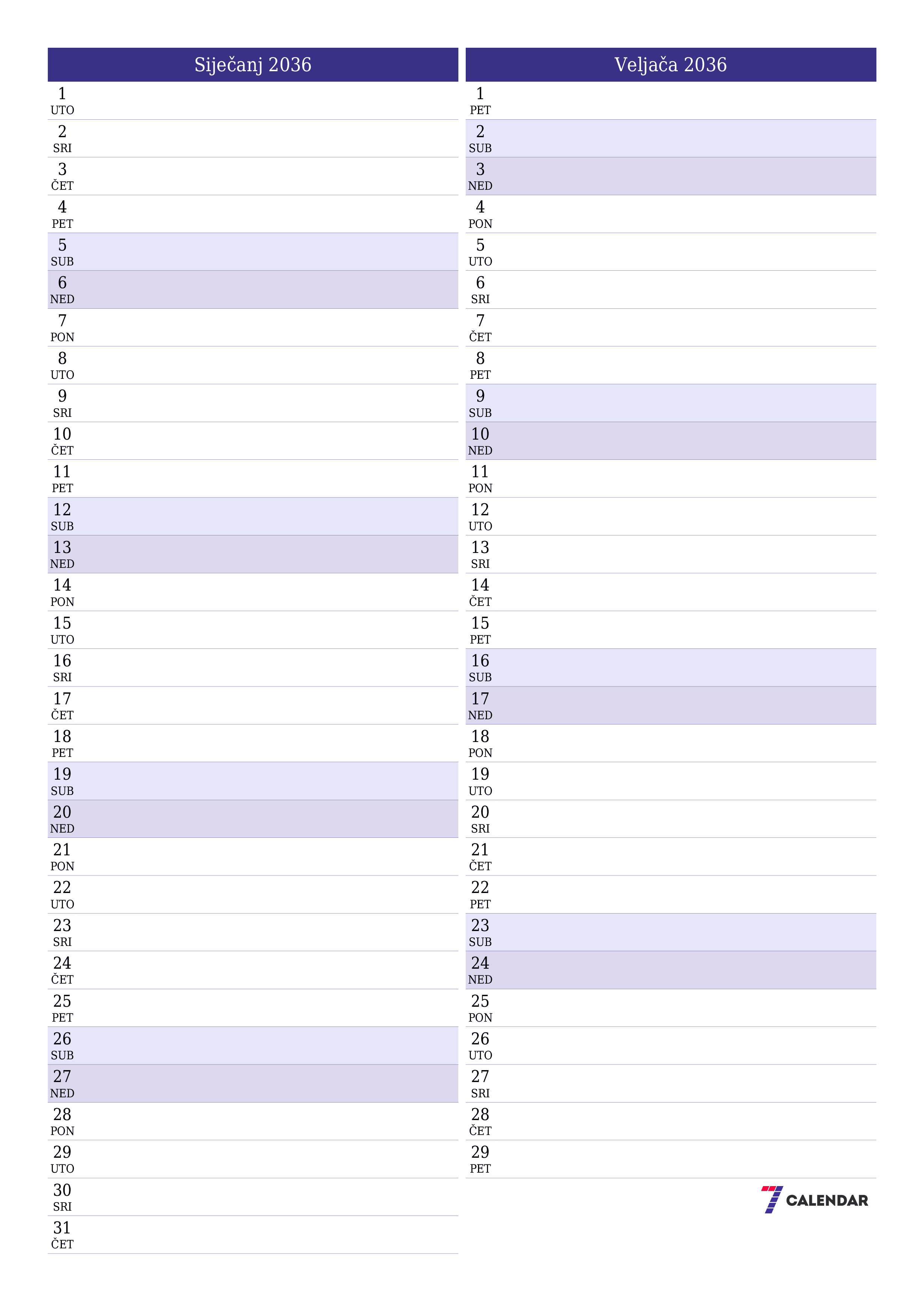  za ispis zidni predložak a besplatni okomito Mjesečni planer kalendar Siječanj (Sij) 2036