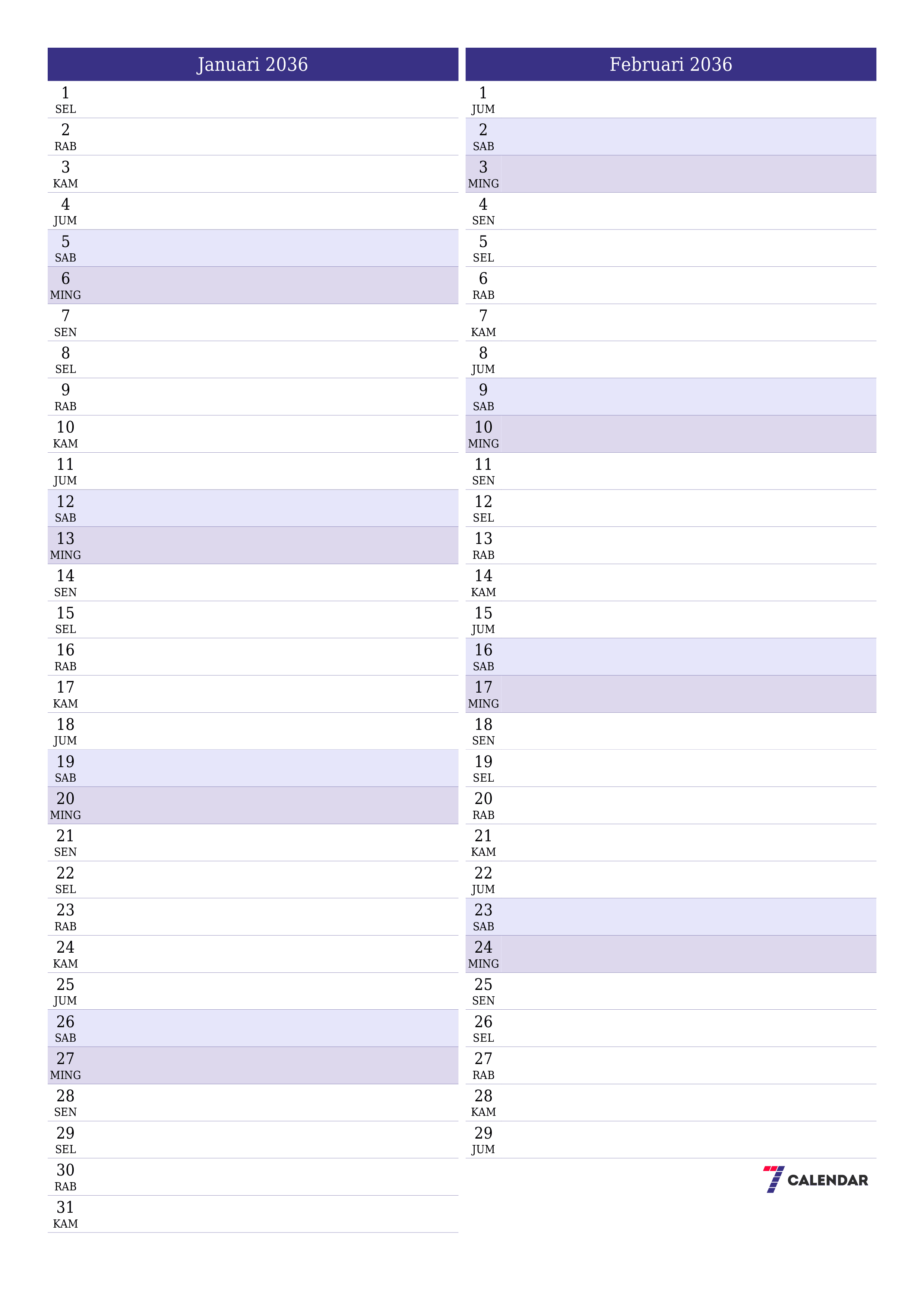  yang dapat dicetak dinding templat gratisvertikal Bulanan perencana kalender Januari (Jan) 2036
