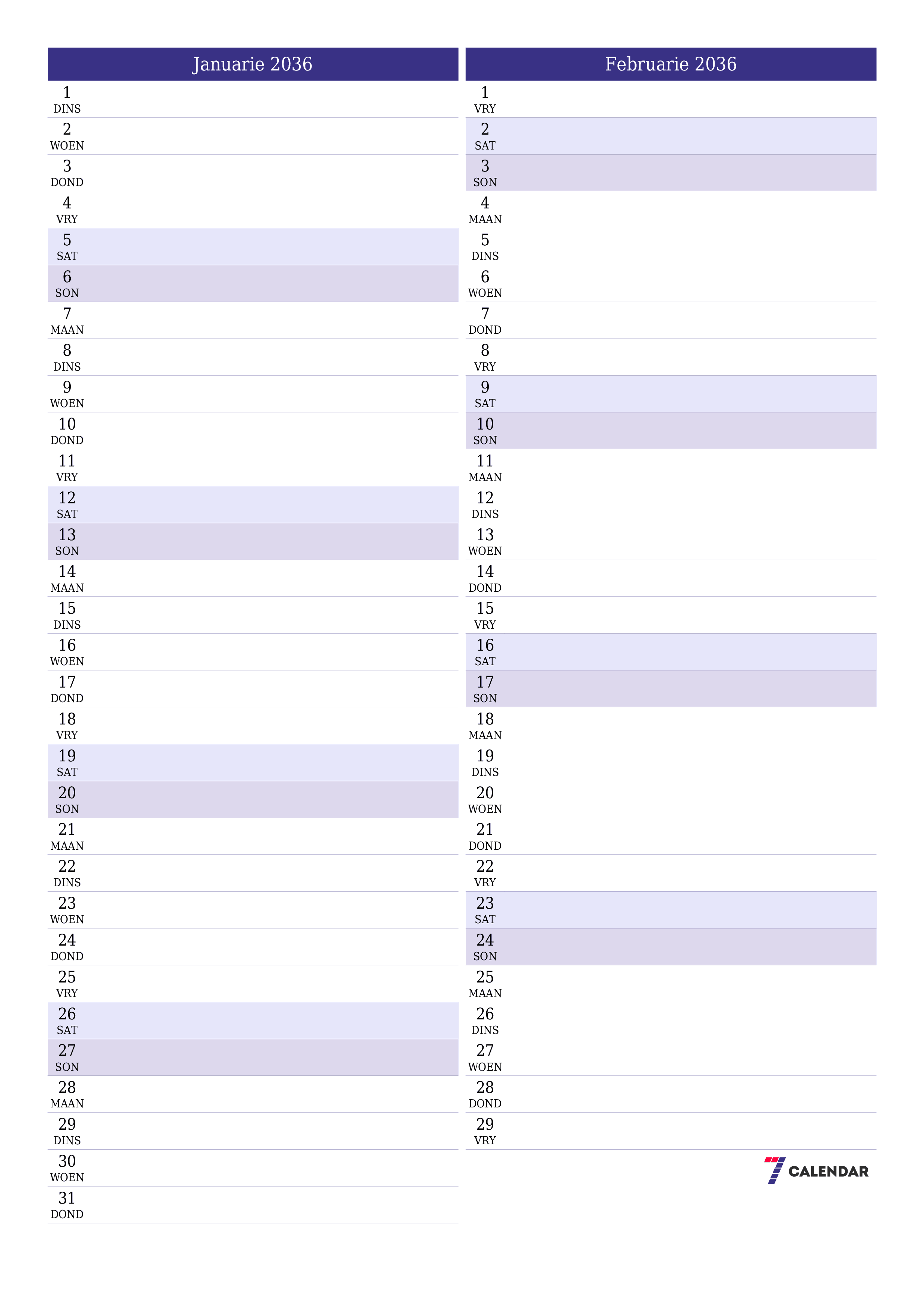 drukbare muur template gratis vertikaal Maandeliks beplanner kalender Januarie (Jan) 2036