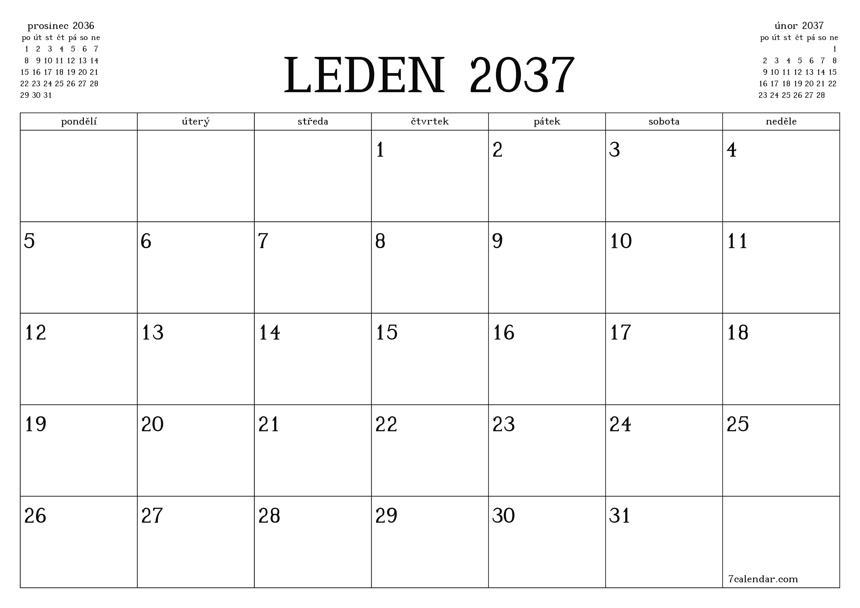 Vyprázdnit měsíční plánovač na měsíc leden 2037 s poznámkami, uložit a vytisknout do PDF PNG Czech