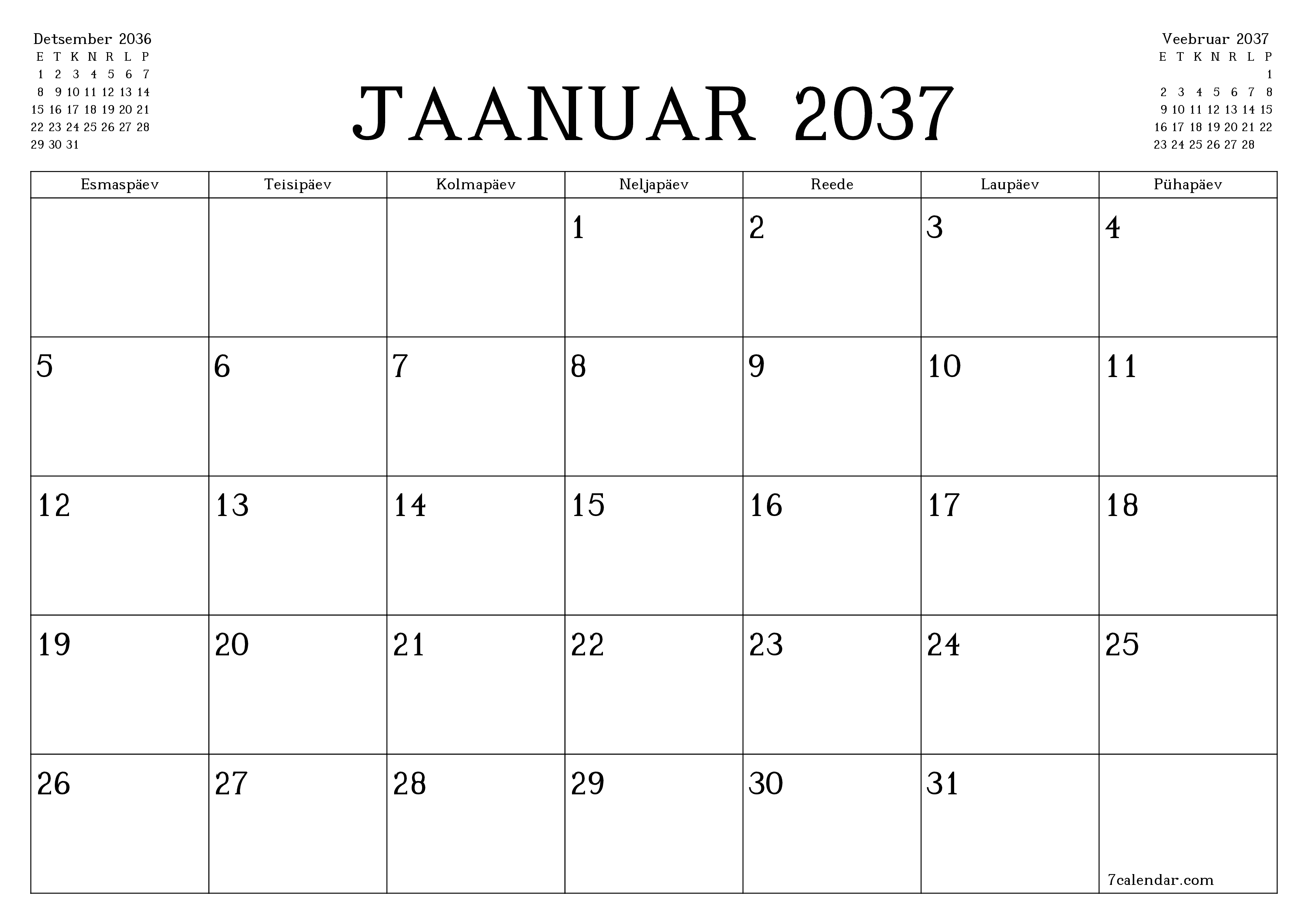 Tühjendage kuu Jaanuar 2037 kuuplaneerija märkmetega, salvestage ja printige PDF-i PNG Estonian