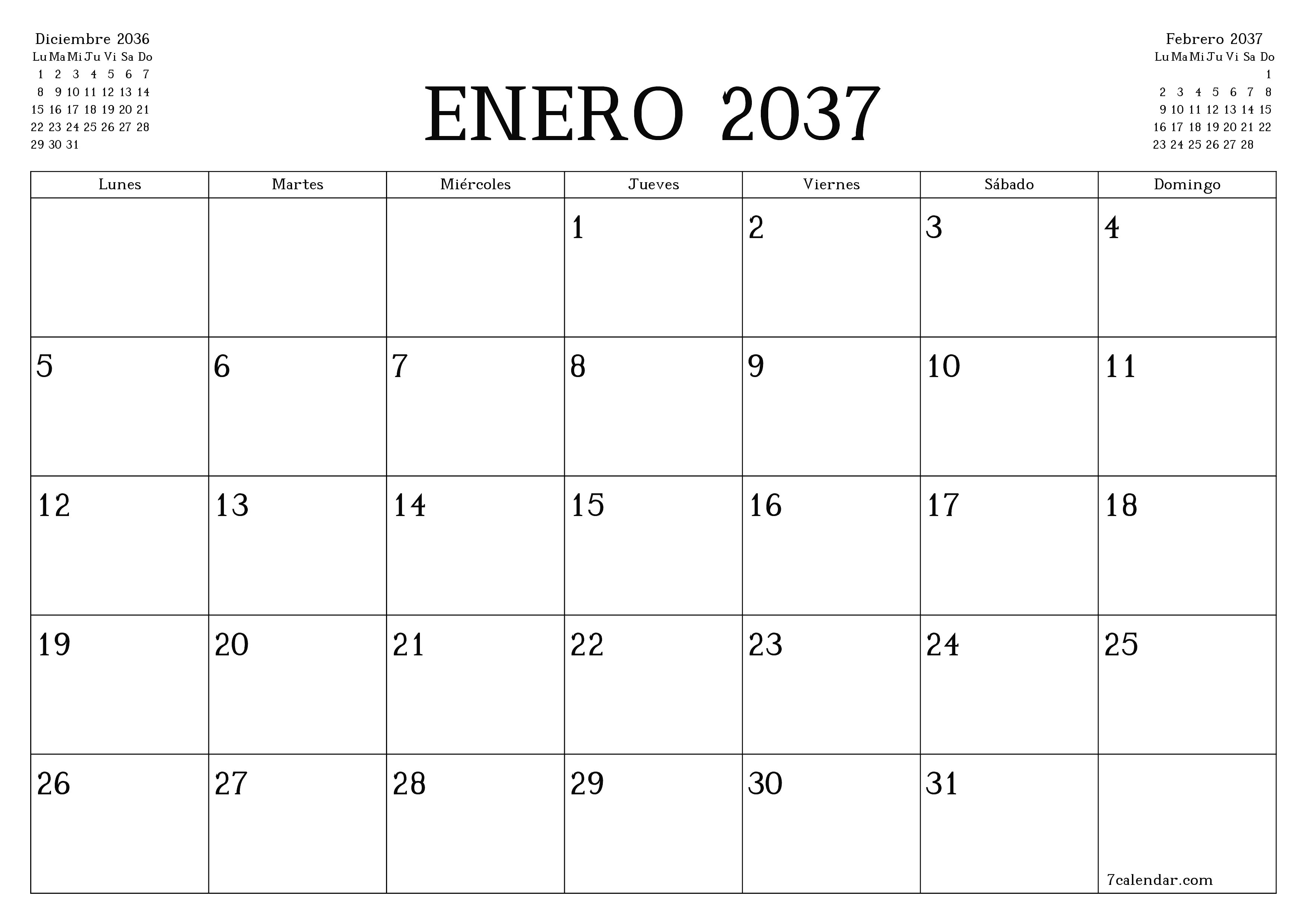 Planificador mensual vacío para el mes Enero 2037 con notas, guardar e imprimir en PDF PNG Spanish