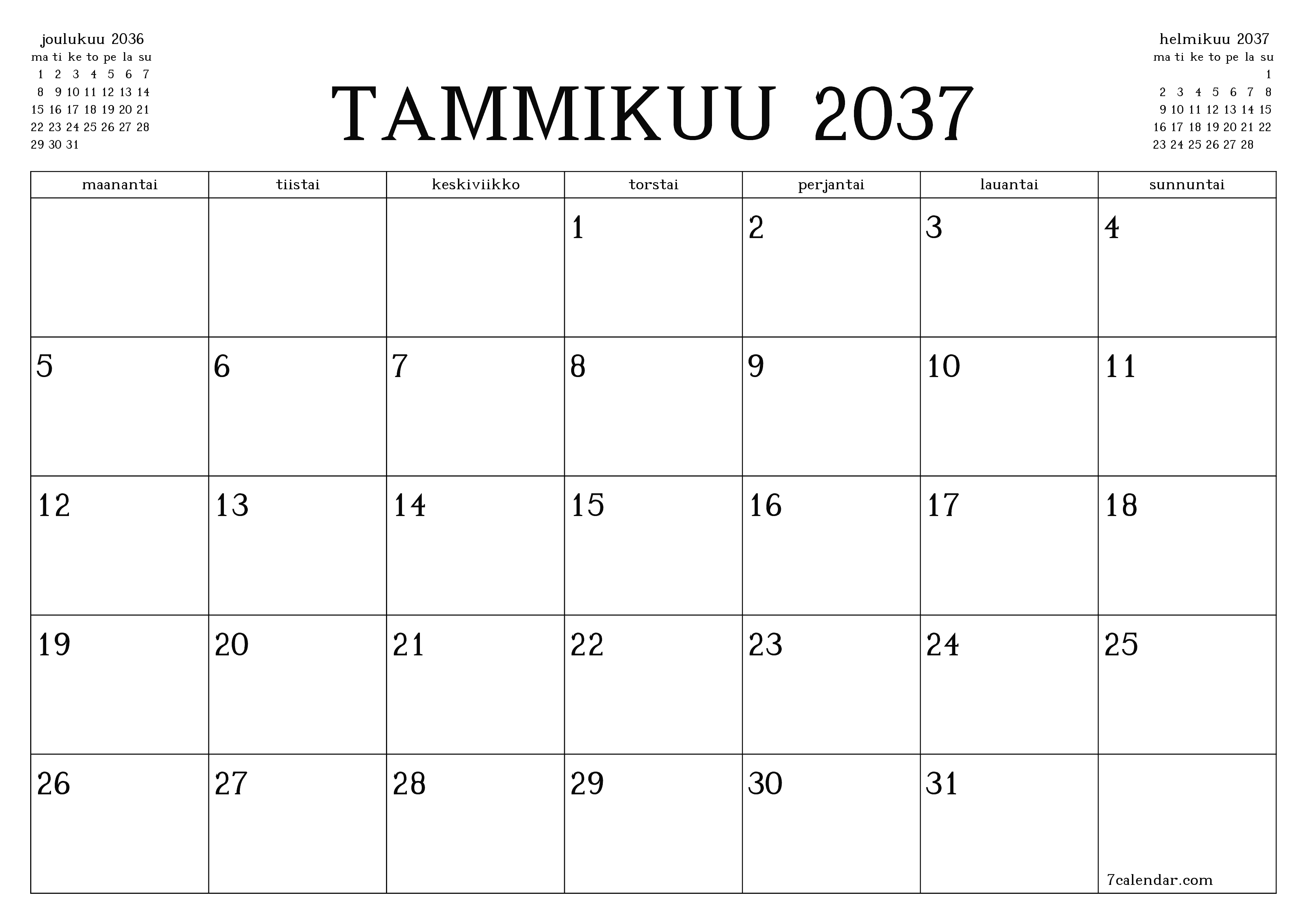 Tyhjennä kuukausittainen suunnittelija kuukaudelle Tammikuu 2037 muistiinpanoilla, tallenna ja tulosta PDF-muotoon PNG Finnish