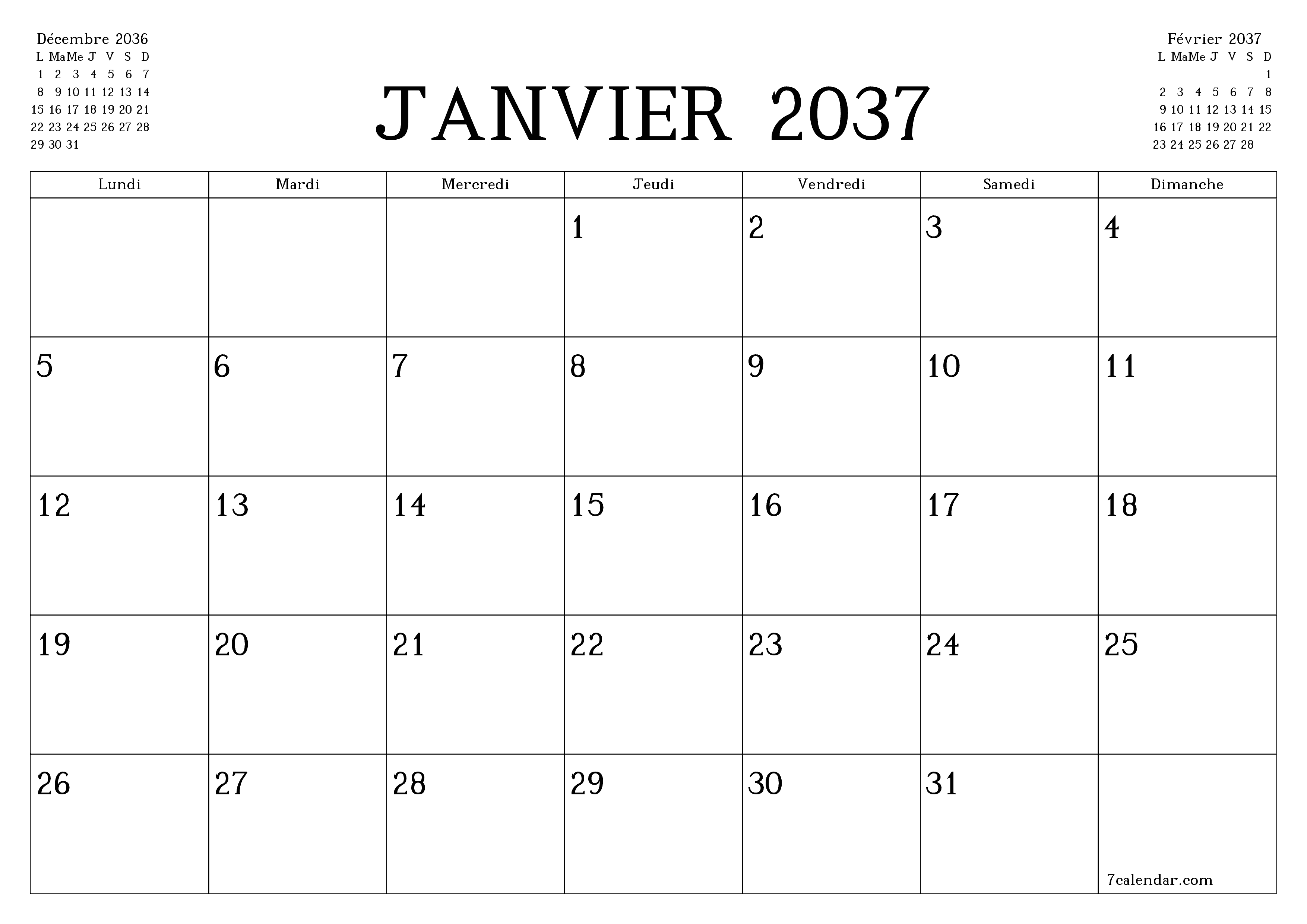 Agenda mensuel vide pour le mois Janvier 2037 avec notes, enregistrez et imprimez au format PDF PNG French