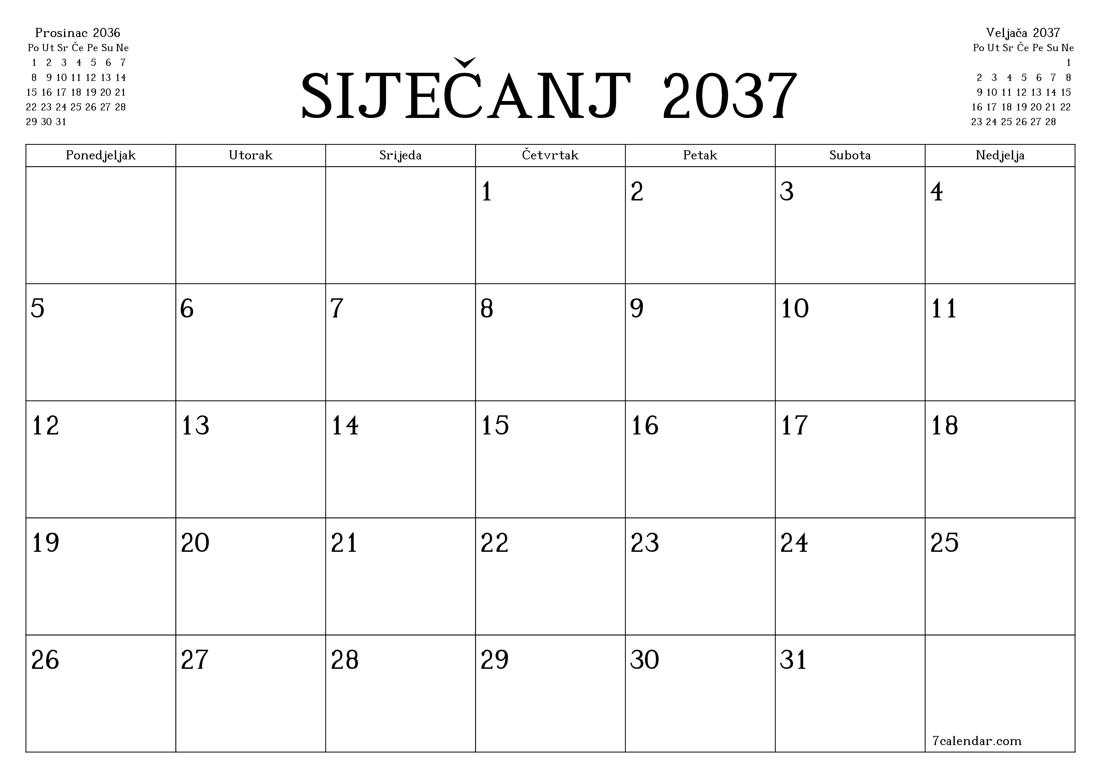 Ispraznite mjesečni planer za mjesec Siječanj 2037 s bilješkama, spremite i ispišite u PDF PNG Croatian